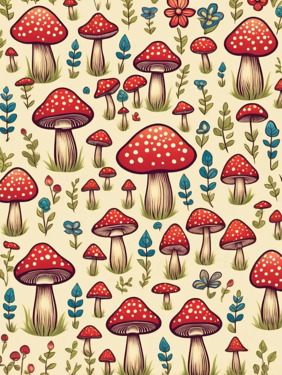 create a cottage core style colorful mushroom and flower pattern with beige background
