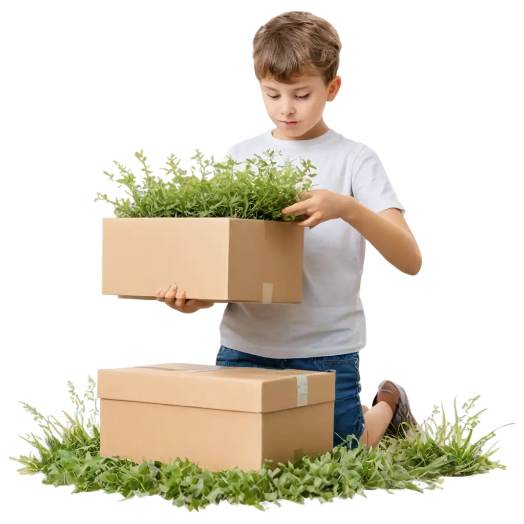 a kid packing a gift into a cardboard box while surrounded by grass and bushes in a forest claude monet style