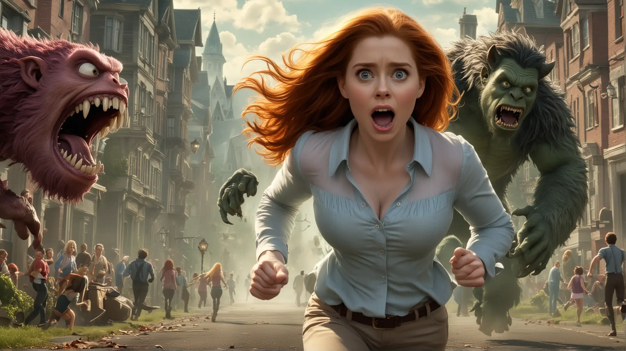 Animated Movie Poster Amy Adams Fleeing from Monstrous Threat in Sensational Attire