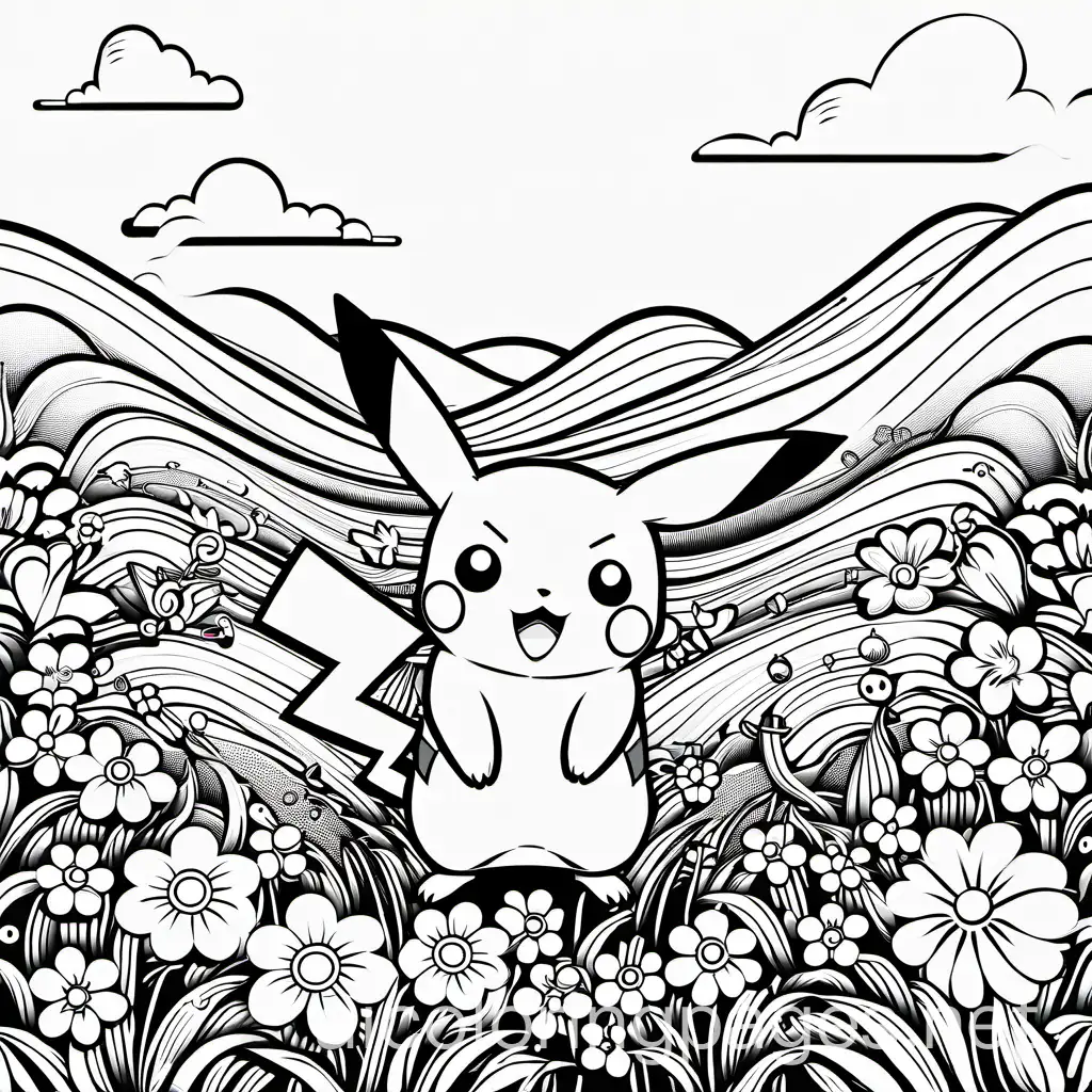 Pikachu-Playing-Fetch-with-a-Pokeball-in-a-Field-of-Flowers-Coloring-Page