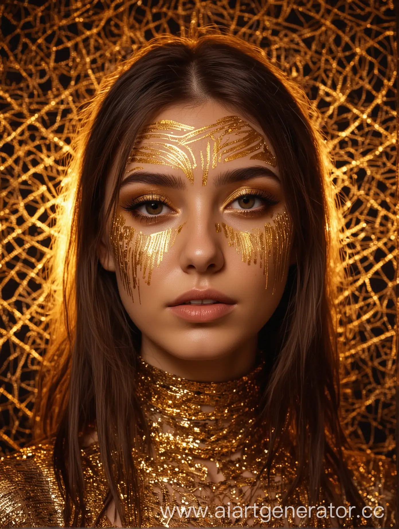девушка в ночном клубе, ее окружает неоновый золотой свет, брюнетка, портрет, золотые узоры на лице