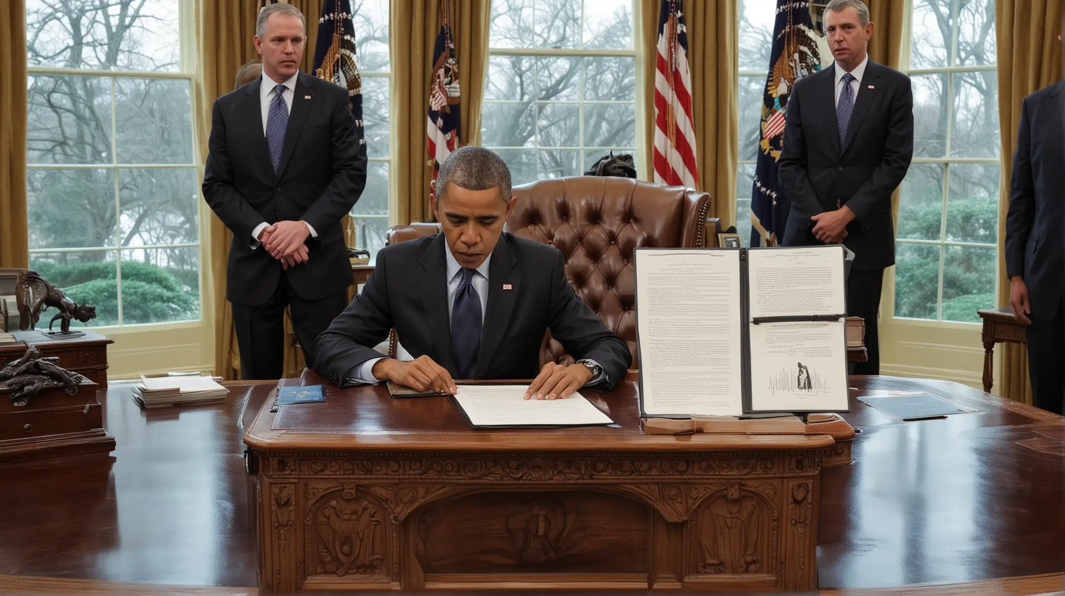 An image of Barack Obama signing executive orders at his desk in the Oval Office, with visuals of protesters and lawmakers debating in Congress, symbolizing his use of executive actions to address immigration, environmental policy, and other contentious issues amid opposition from the Republican-controlled Congress.