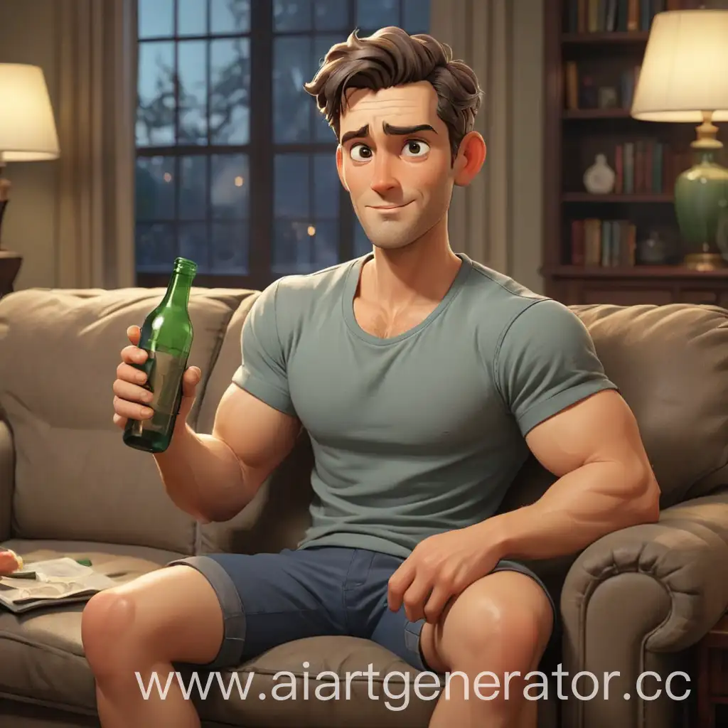 мультяшный привлекательный мужчина сидит на диване с бутылкой в руке