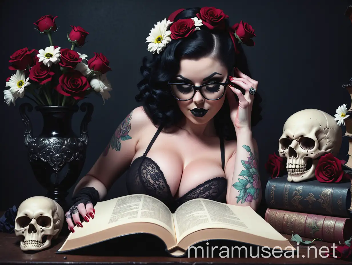 Pinup, dark romance, smut, glasses, skulls, flowers, book