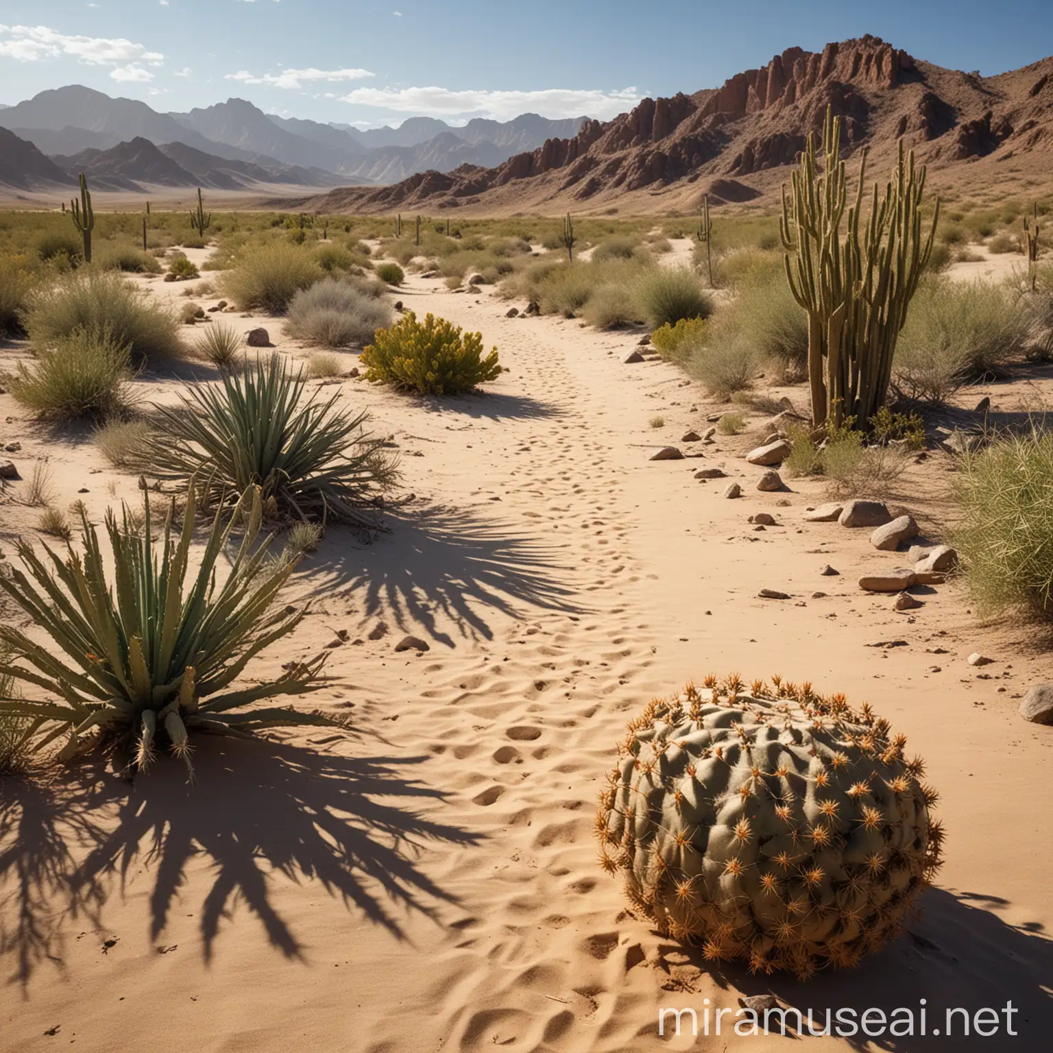 Create a high-resolution, 4-megapixel image of a charming desert landscape. The scene should depict a vast expanse of golden sand dunes under a clear blue sky. The sand should have a smooth, undulating texture with gentle ripples formed by the wind. Include a variety of cacti and desert plants, such as saguaros, ocotillos, and prickly pears, to add life and diversity to the landscape.  In the foreground, place a weathered wooden signpost with directions to nearby desert landmarks, giving a sense of exploration and adventure. A winding path should lead from the foreground into the distance, inviting the viewer to follow it through the dunes. Add a few scattered rocks and a dried-up riverbed to enhance the realism of the scene.  Ensure the lighting is warm and golden, as if capturing the desert during the late afternoon or early evening, casting long shadows and highlighting the textures of the sand and plants. In the background, include distant mountains with a slight haze to convey depth and scale. The overall atmosphere should be serene and inviting, capturing the quiet beauty and charm of the desert landscape.