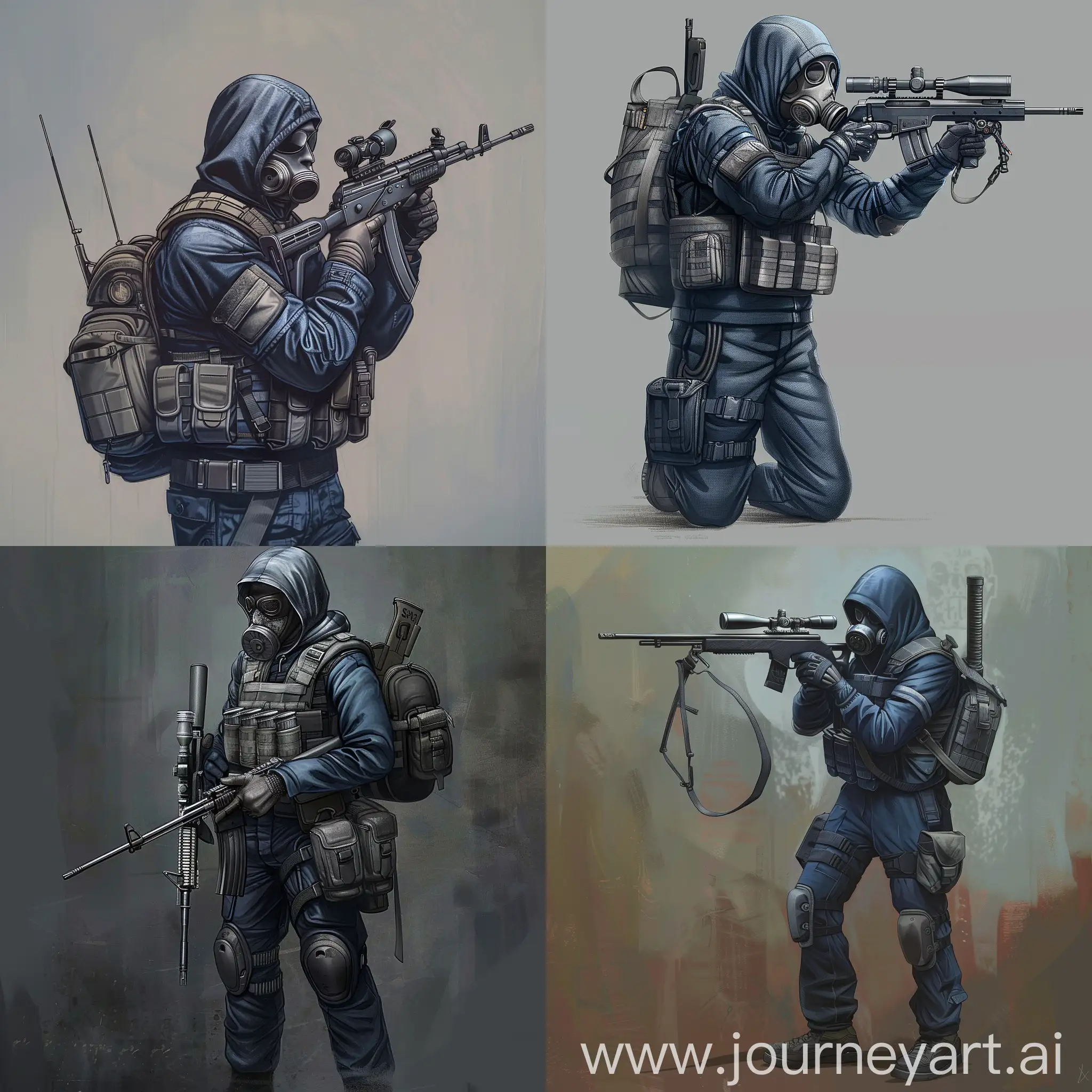 Concept art a mercenary from the universe of S.T.A.L.K.E.R., a mercenary dressed in a dark blue military jumpsuit, gray military armor on his body, a gas mask on his face, a small military backpack on his back, sniper rifle in his hands.