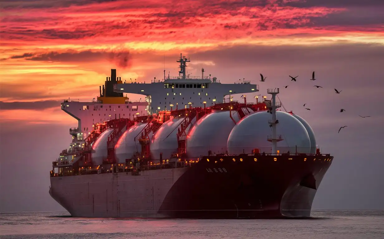 Huge Red LNG Ship Approaching with Evening Glow