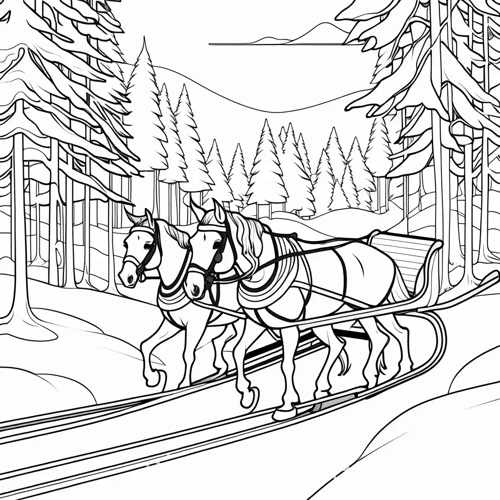 SLEIGH RIDE WITH HORSE COLORING, Coloring Page, black and white, line art, white background, Simplicity, Ample White Space.