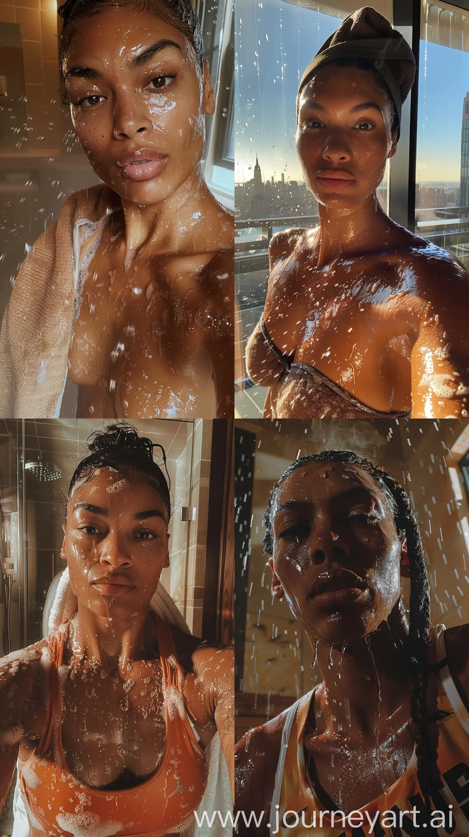 Aesthetic Instagram close up selfie of an toned WNBA player, in fancy New York apartment, steam, water all over, towel, tall, warm brown tones --ar 9:16