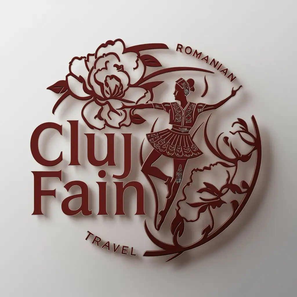a logo design,with the text 'Cluj Fain', main symbol:a traditional motif peony and an authentic Romanian traditional dancers,complex,be used in Travel industry,clear background