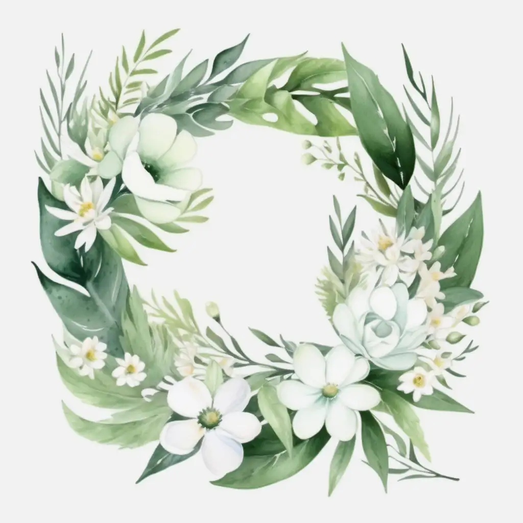 Watercolor Green Wreath with White Flowers