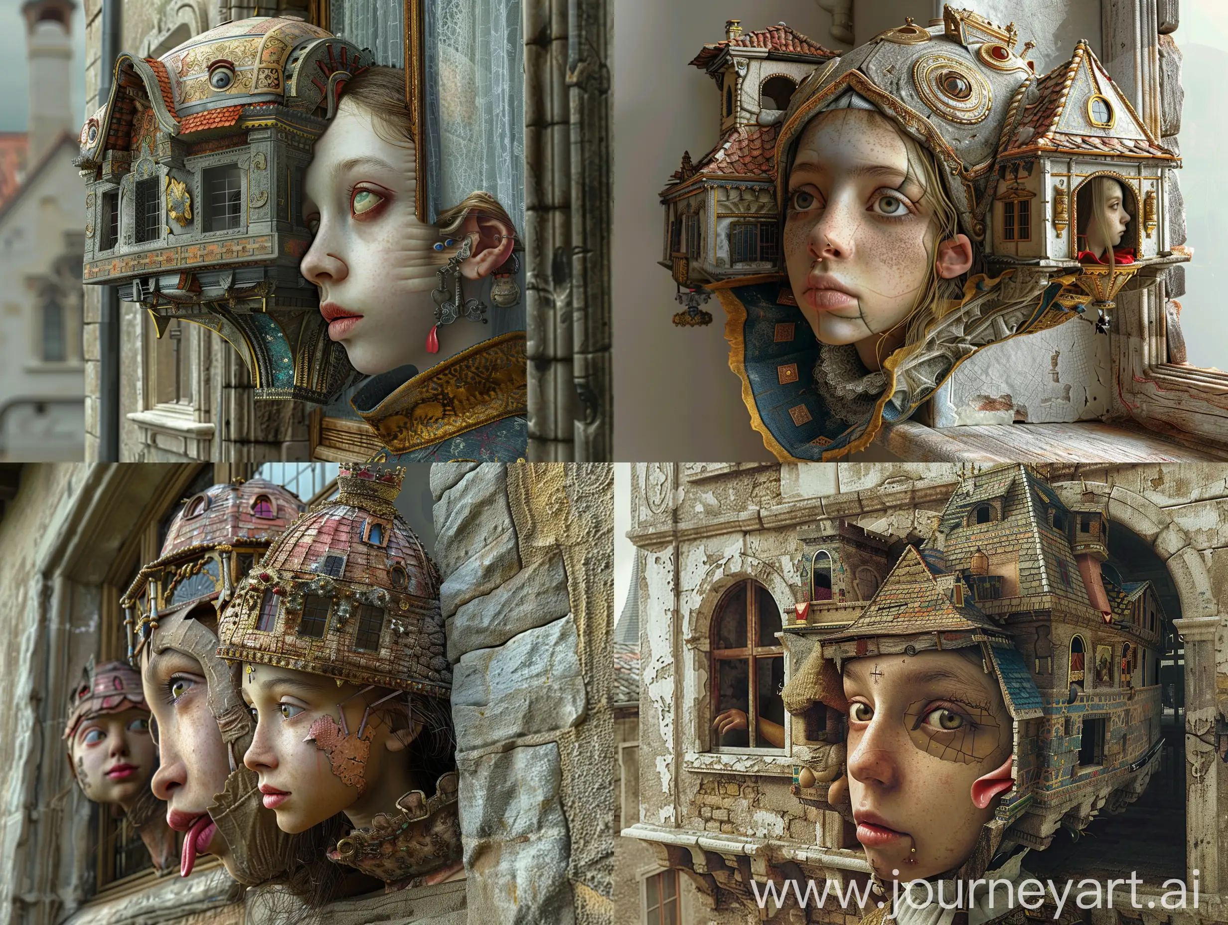 The head of a girl wearing medieval clothes is a gorgeous medieval house. The eyes, ears, mouth, nose, and tongue are different parts of the gorgeous house. Surreal and rich in details. Another medieval girl lives in the gorgeous house, and he leans on it. The eyes extend out of the window and gaze into the distance, High resolution 32K