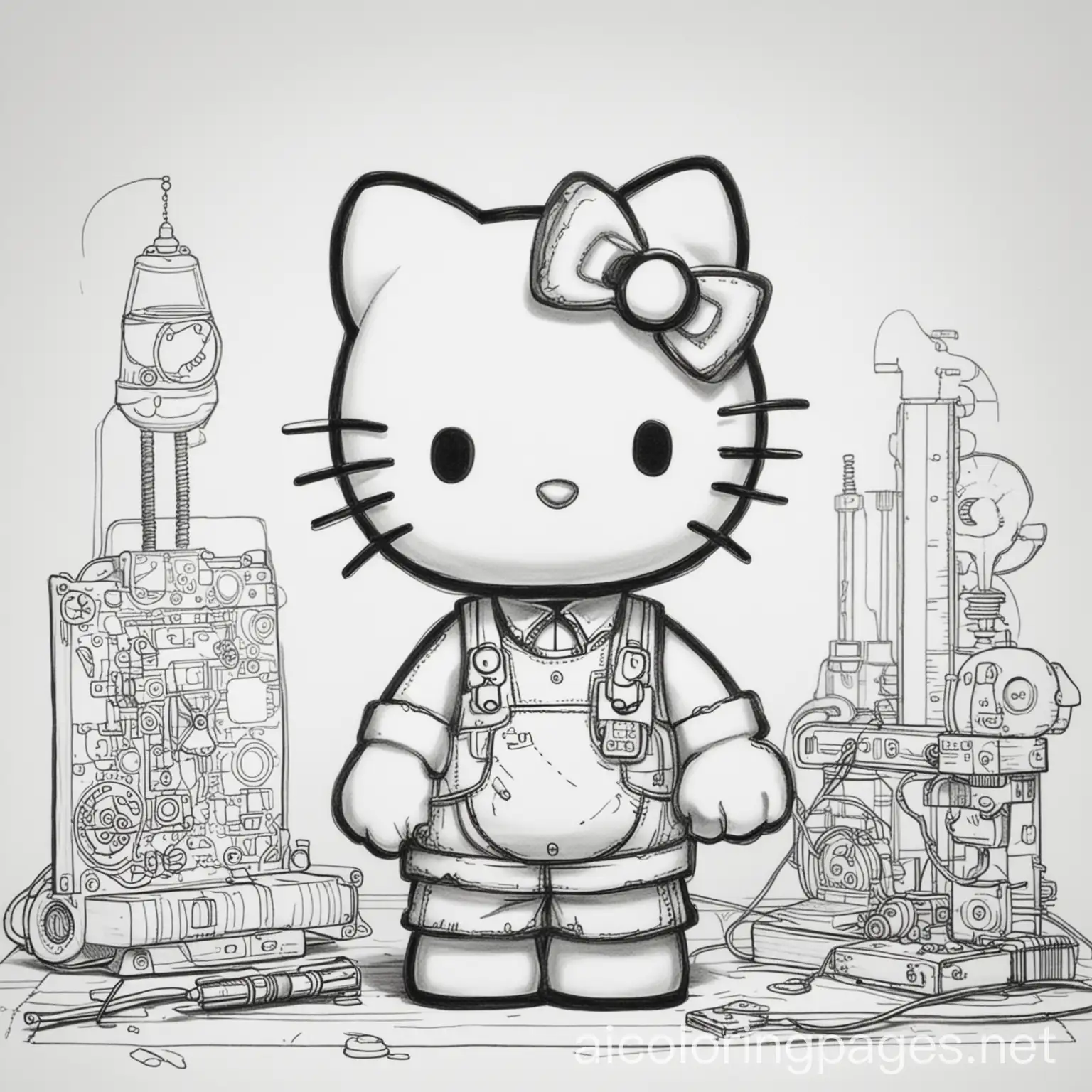hello kitty as an inventor, Coloring Page, black and white, line art, white background, Simplicity, Ample White Space. The background of the coloring page is plain white to make it easy for young children to color within the lines. The outlines of all the subjects are easy to distinguish, making it simple for kids to color without too much difficulty