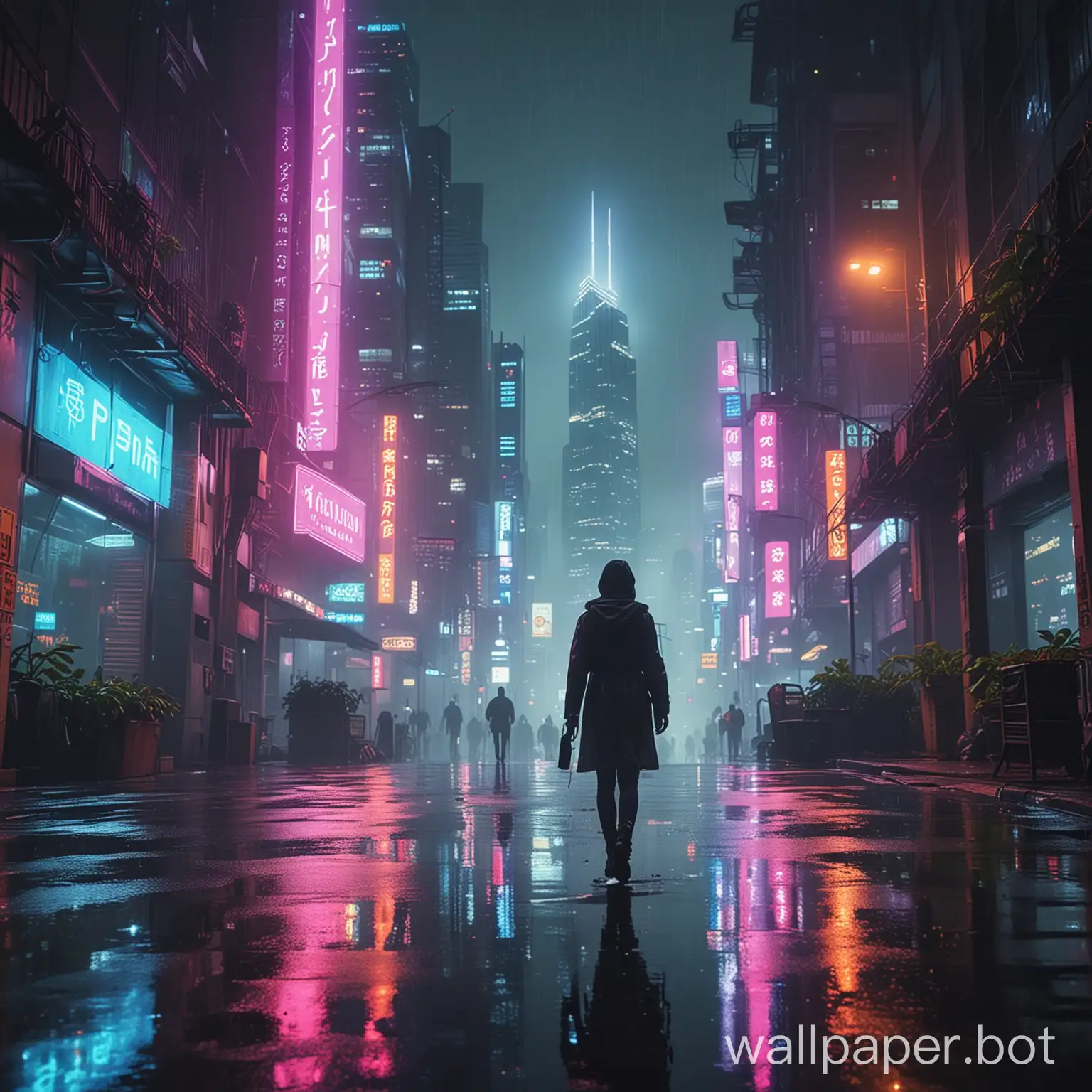In a bustling city of the future, towering skyscrapers are illuminated by neon lights, casting reflections on the rain-soaked streets below. Amidst the urban jungle, a lone figure walks, their silhouette blurred by the mist, hinting at a mysterious journey ahead