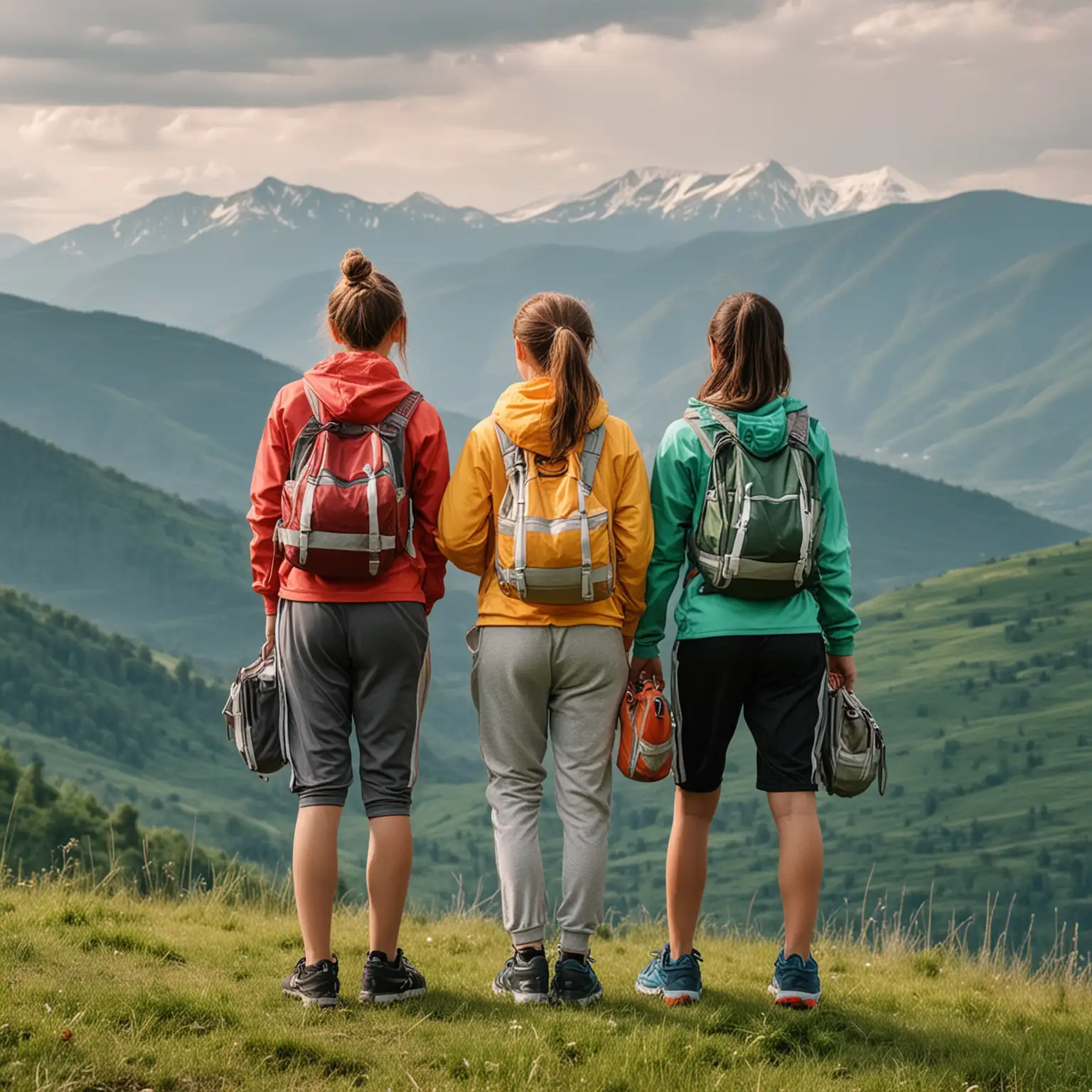 三个穿不同运动服的女孩，身材好，背着不同颜色的包，站在山上看向远方，背景是绿色山林，远处有山