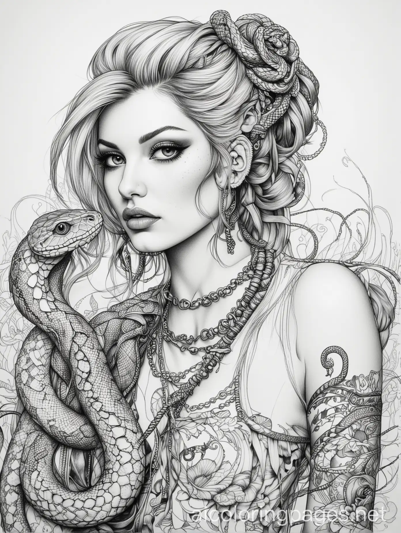 colouring page beautiful punk lady with a snake, Coloring Page, black and white, line art, white background, Simplicity, Ample White Space. The background of the coloring page is plain white to make it easy for young children to color within the lines. The outlines of all the subjects are easy to distinguish, making it simple for kids to color without too much difficulty