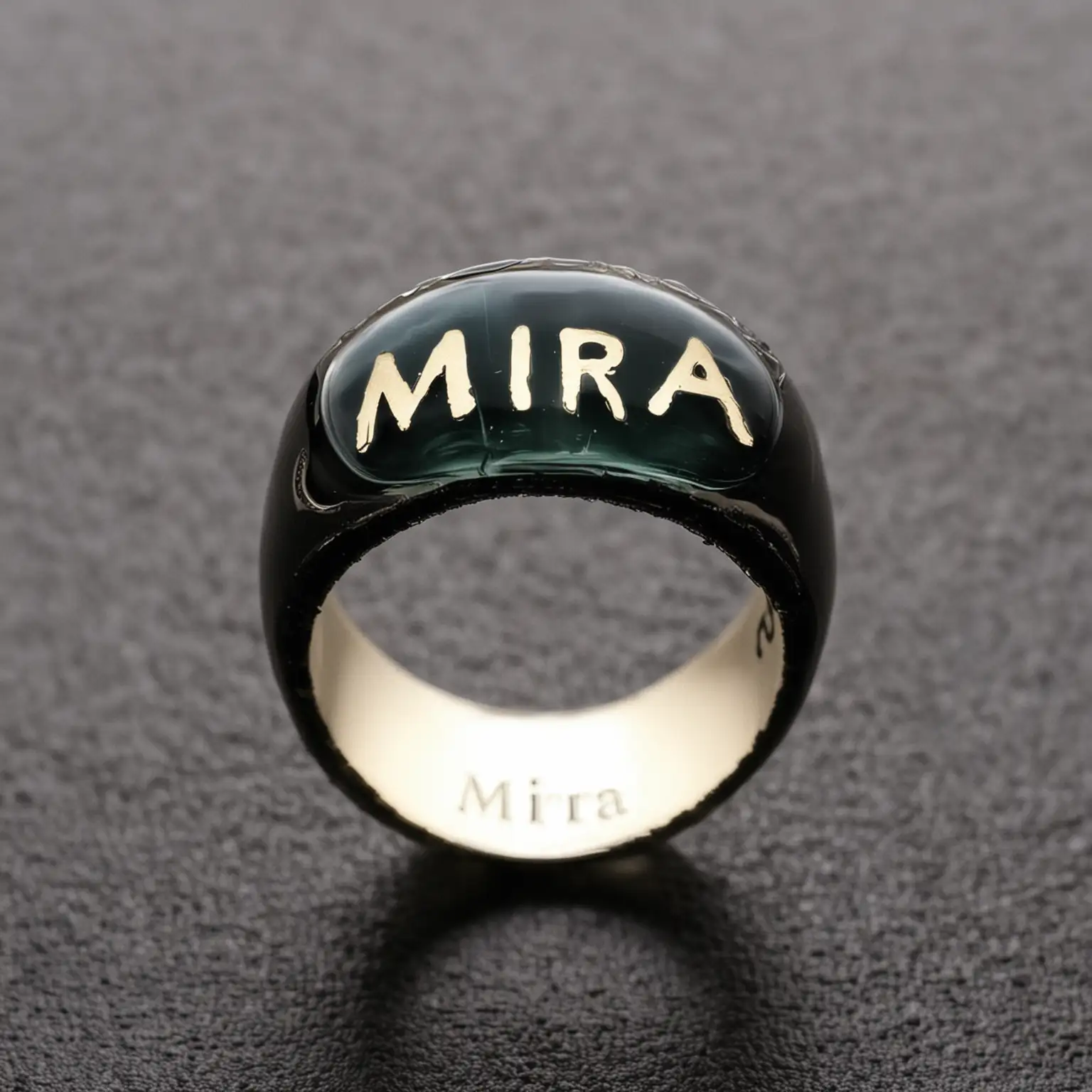 resin ring with this name on it "mira" with dark shadow backgranod