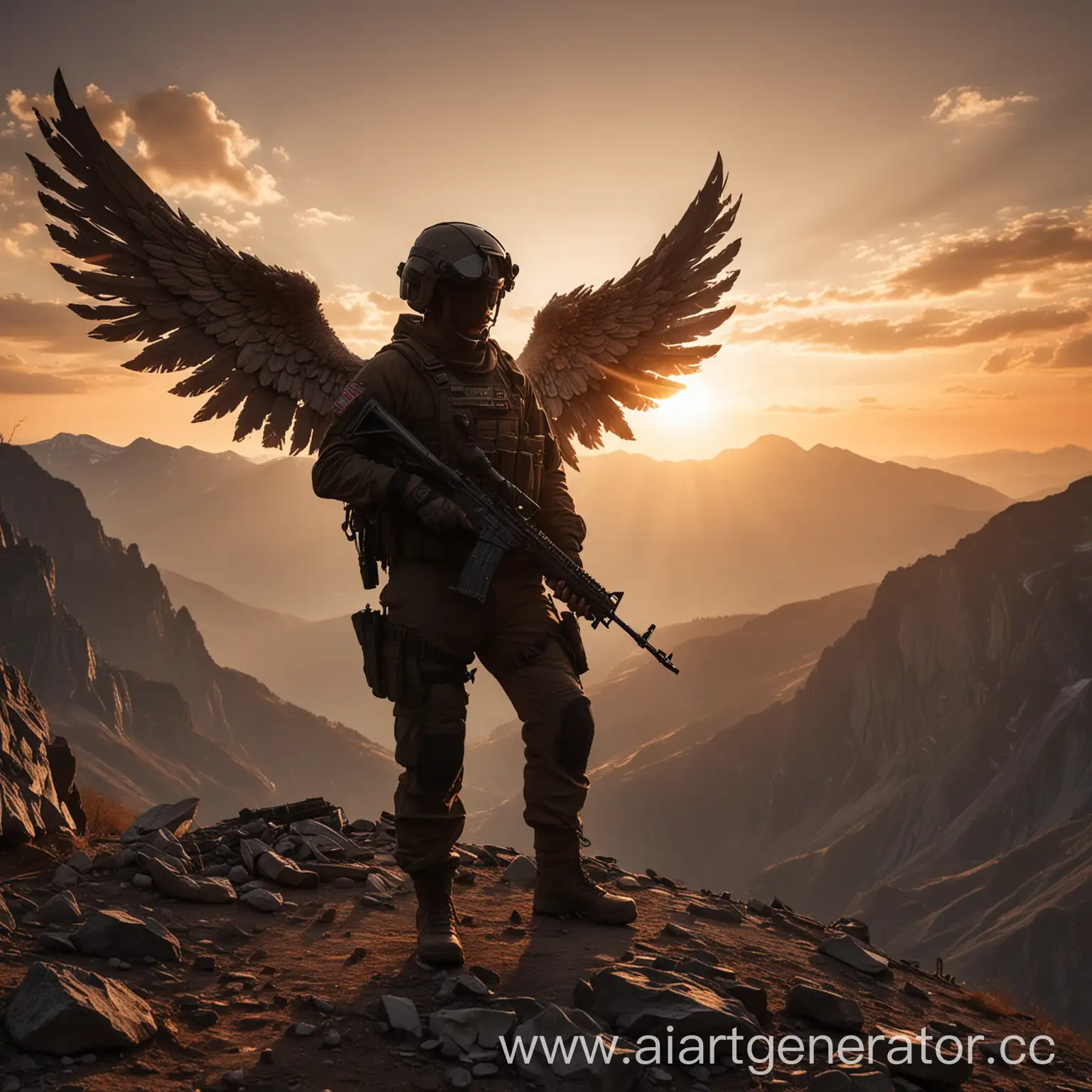 Darkened Military stands on mountain under sunset with angel wings holding ak74 without arch above head in tactical helmet