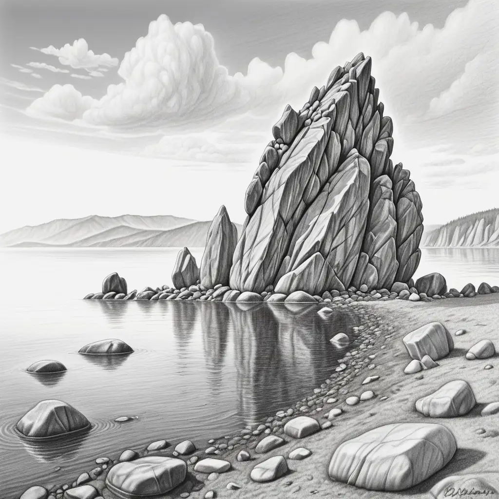 реалистичный рисунок в стиле карандашной графики скала  на берегу  на острове Ольхон на Байкале