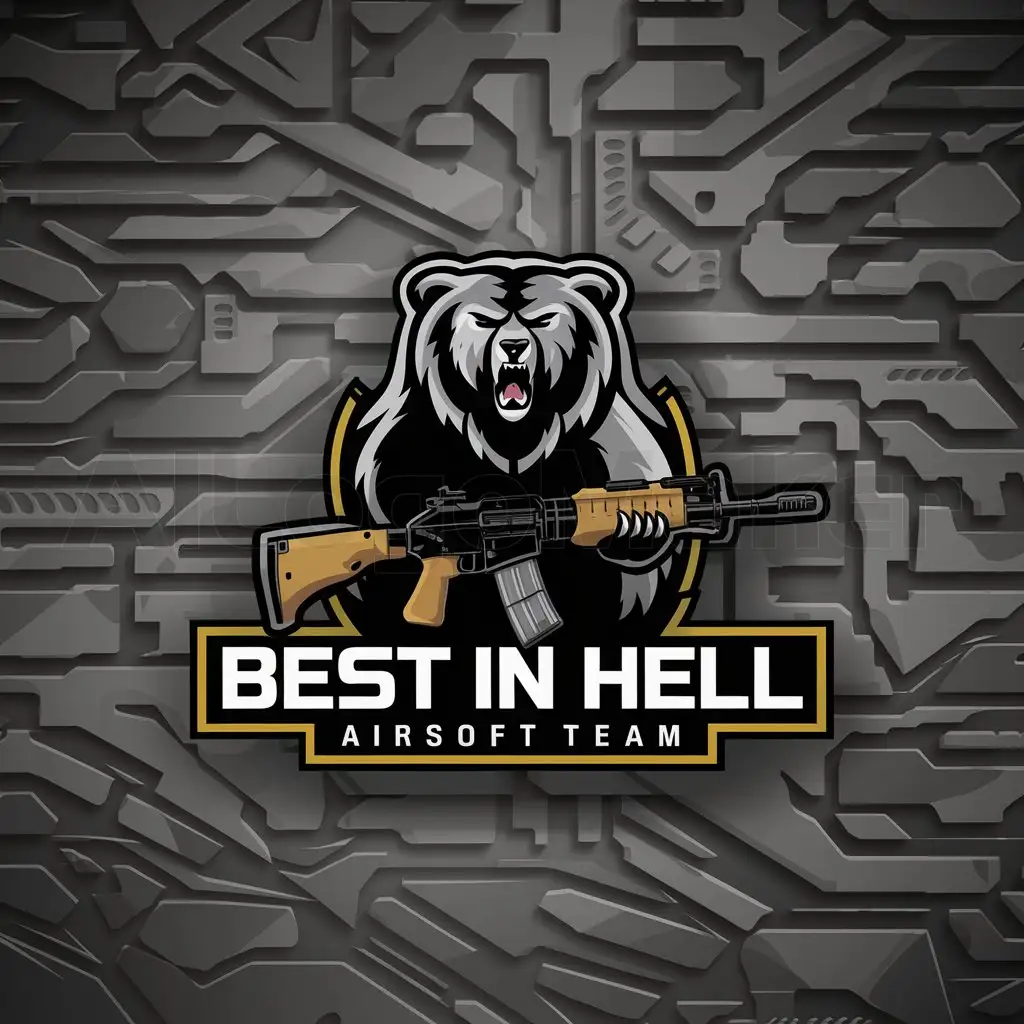 a logo design,with the text "Best in hell airsoft team", main symbol:Bear logo for striker team Kalashnikov rifle,complex,clear background