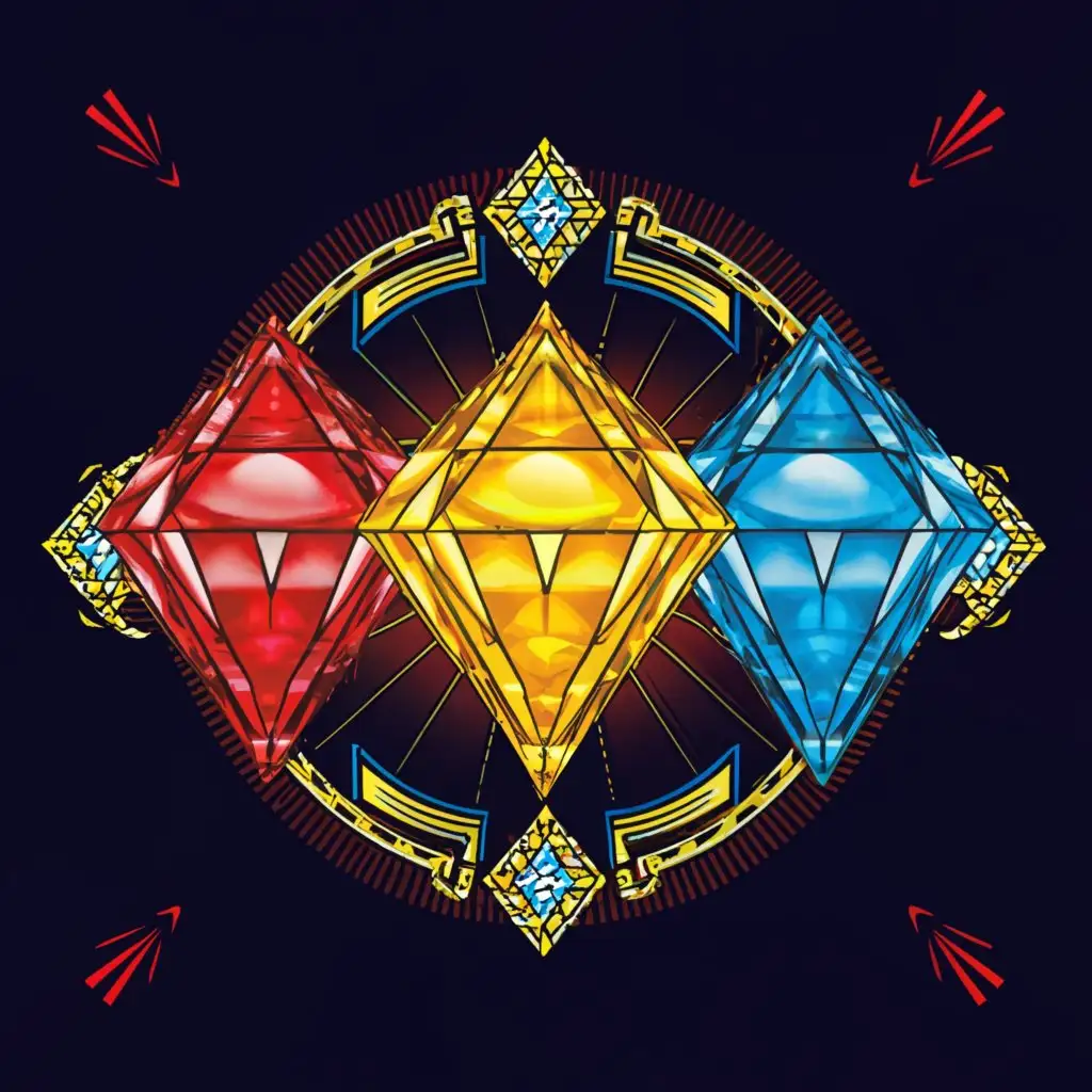 a logo design,with the text "three gems with colors red blue yellow and hero middle", main symbol:Color World,complex,be used in Entertainment industry,clear background