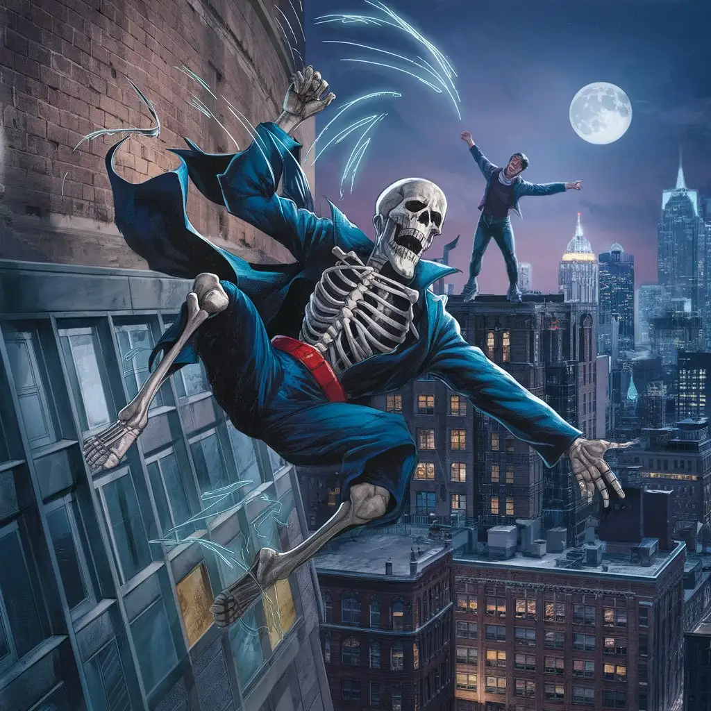 Doctor Skeleton gets thrown out the window of a tall building 