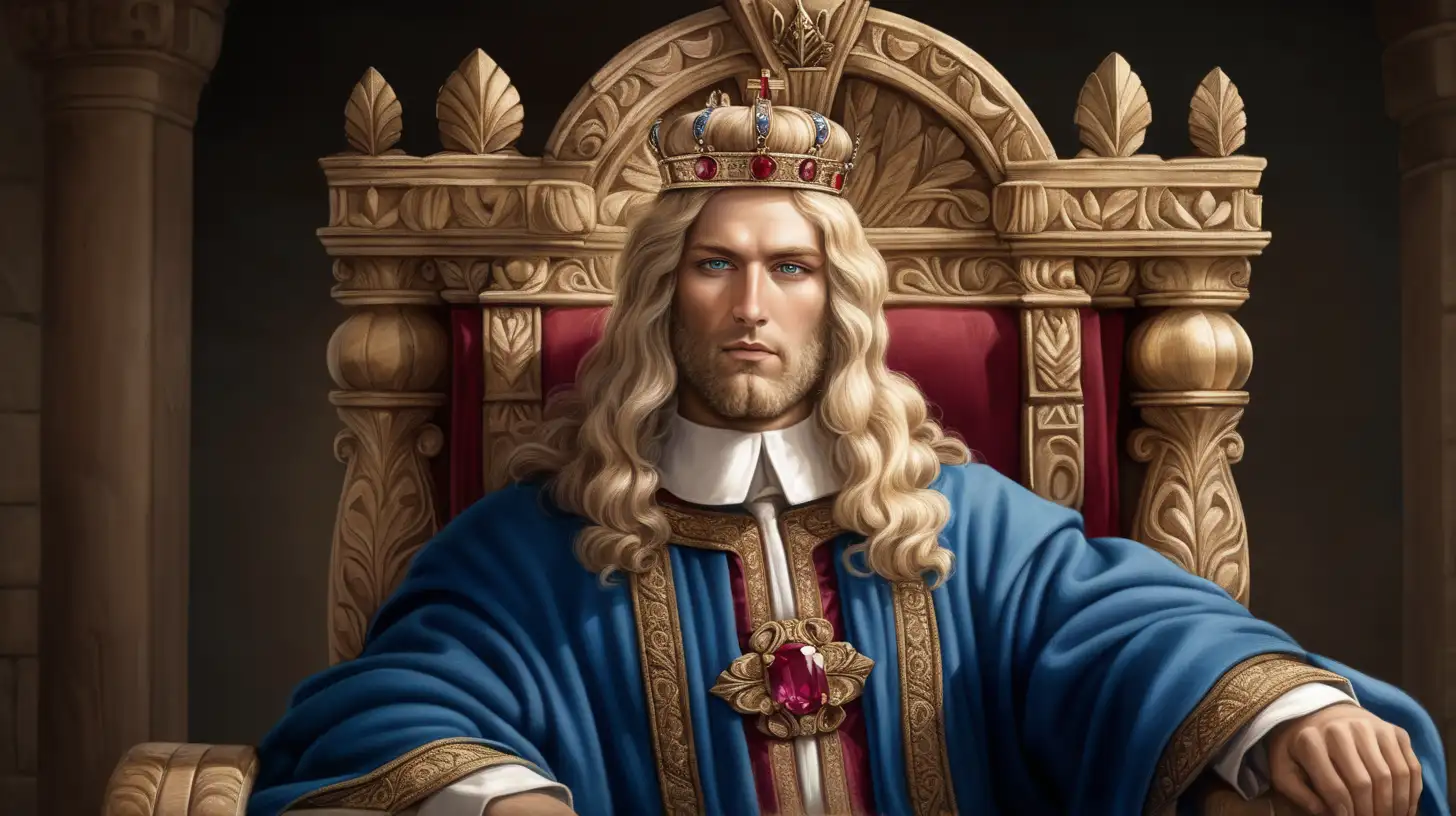 epoque biblique, le roi d'israel, très beau visage, type suédois, agé de 30 ans, yeux clairs, beaux cheveux blonds, couronne or et rubis, manteau bleu, assis sur son trone en bois sculpté