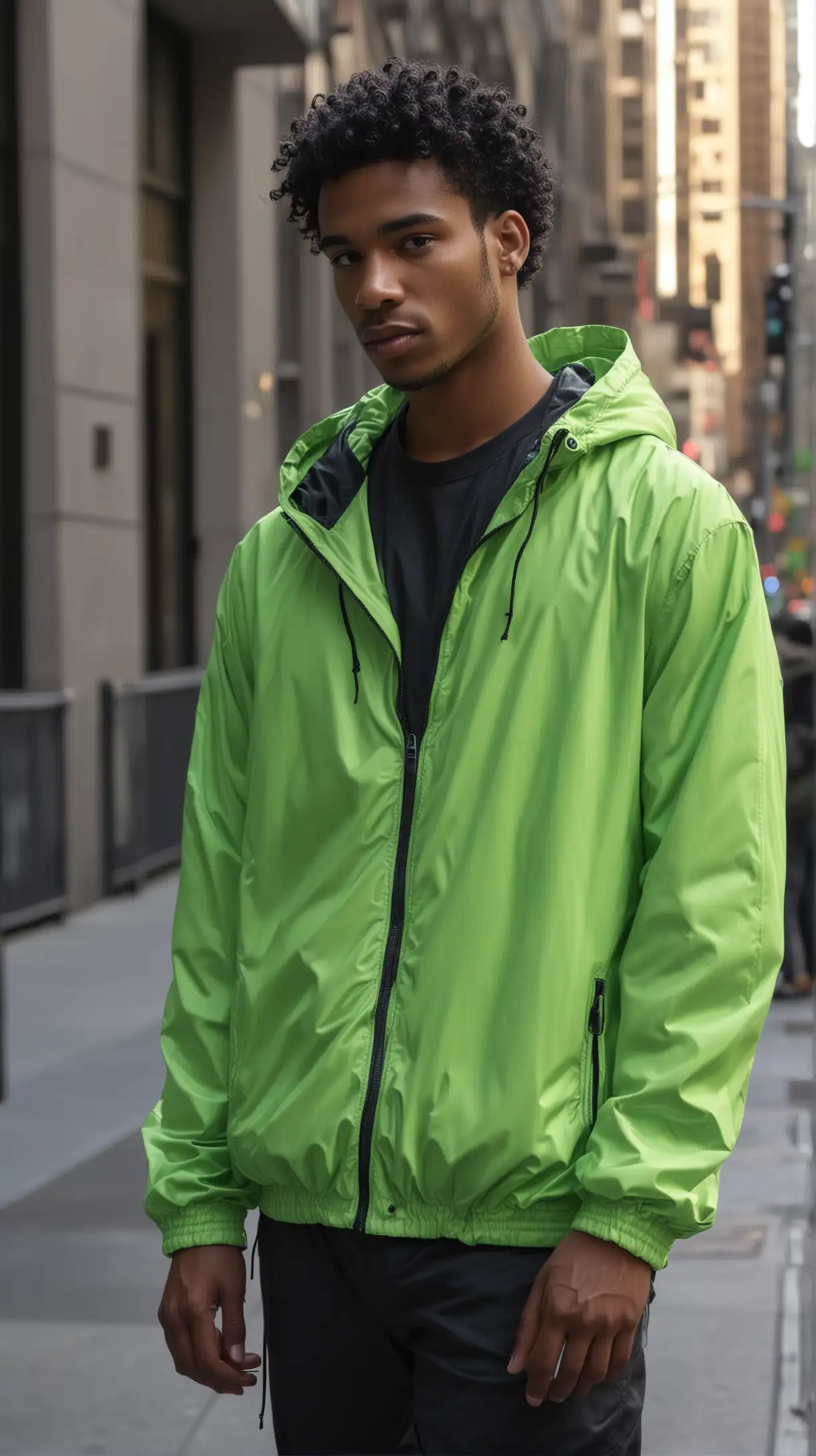 Attractive, black, young man wearing a curly black hairstyle, wearing a neon green, zip front, hooded, nylon windbreaker, standing on sidewalk, in the financial district in New York, in the morning, light is bright and volumetric, 4k resolution hyper realistic