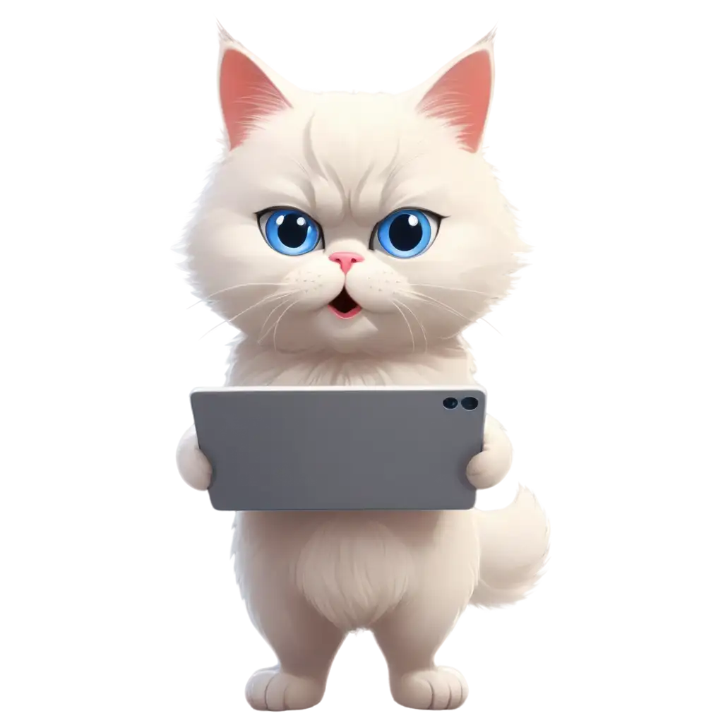 A cartoon character  : cartoonish, anthropomorphic white Persian cat with blue eyes and a pink nose, wearing a diaper, standing, holding a simplified square gray tablet while typing with it. 2d , Colored,clear outline 