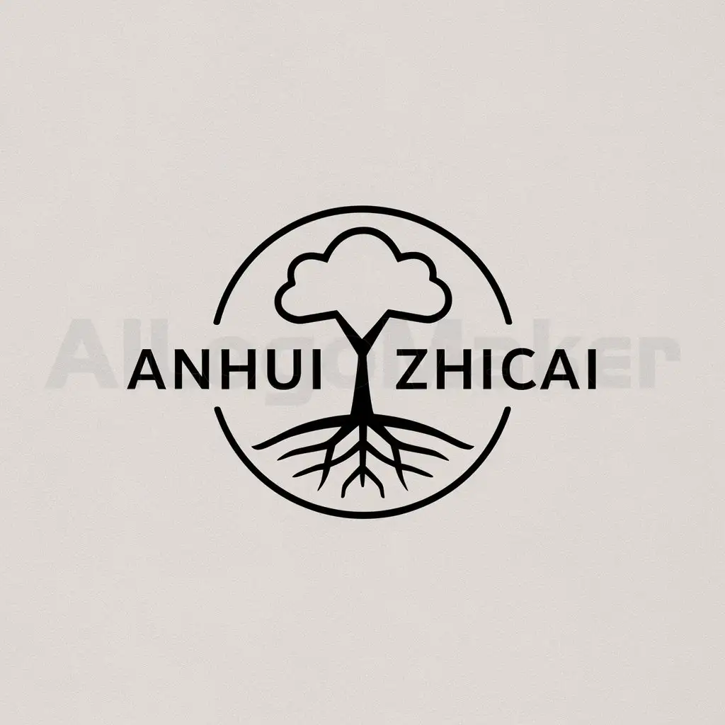 a logo design,with the text "Anhui zhicai", main symbol:tree, tree root at bottom, circle encloses both,Minimalistic,be used in Others industry,clear background