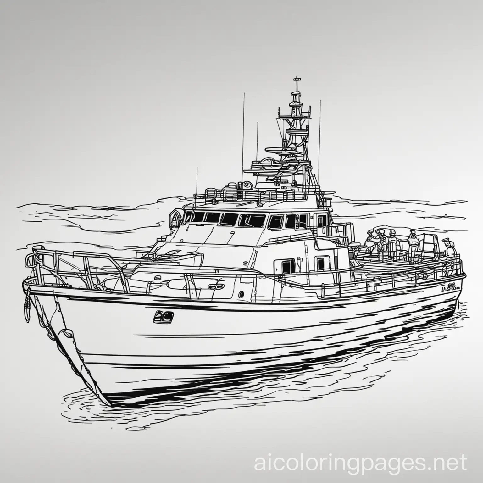 military boat , Coloring Page, black and white, line art, white background, Simplicity, Ample White Space. The background of the coloring page is plain white to make it easy for young children to color within the lines. The outlines of all the subjects are easy to distinguish, making it simple for kids to color without too much difficulty