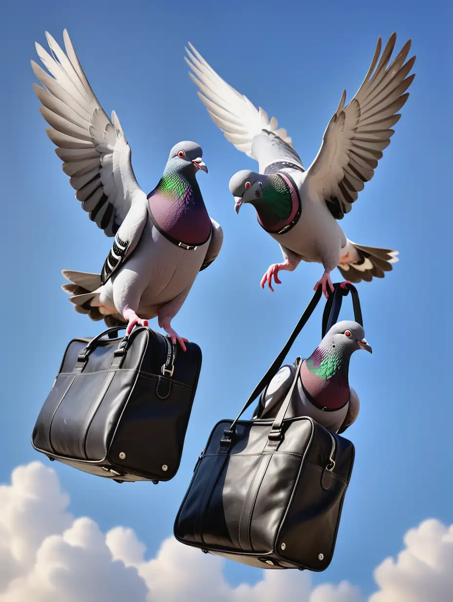 a flying pair of pigeons with small work bags slung over their body