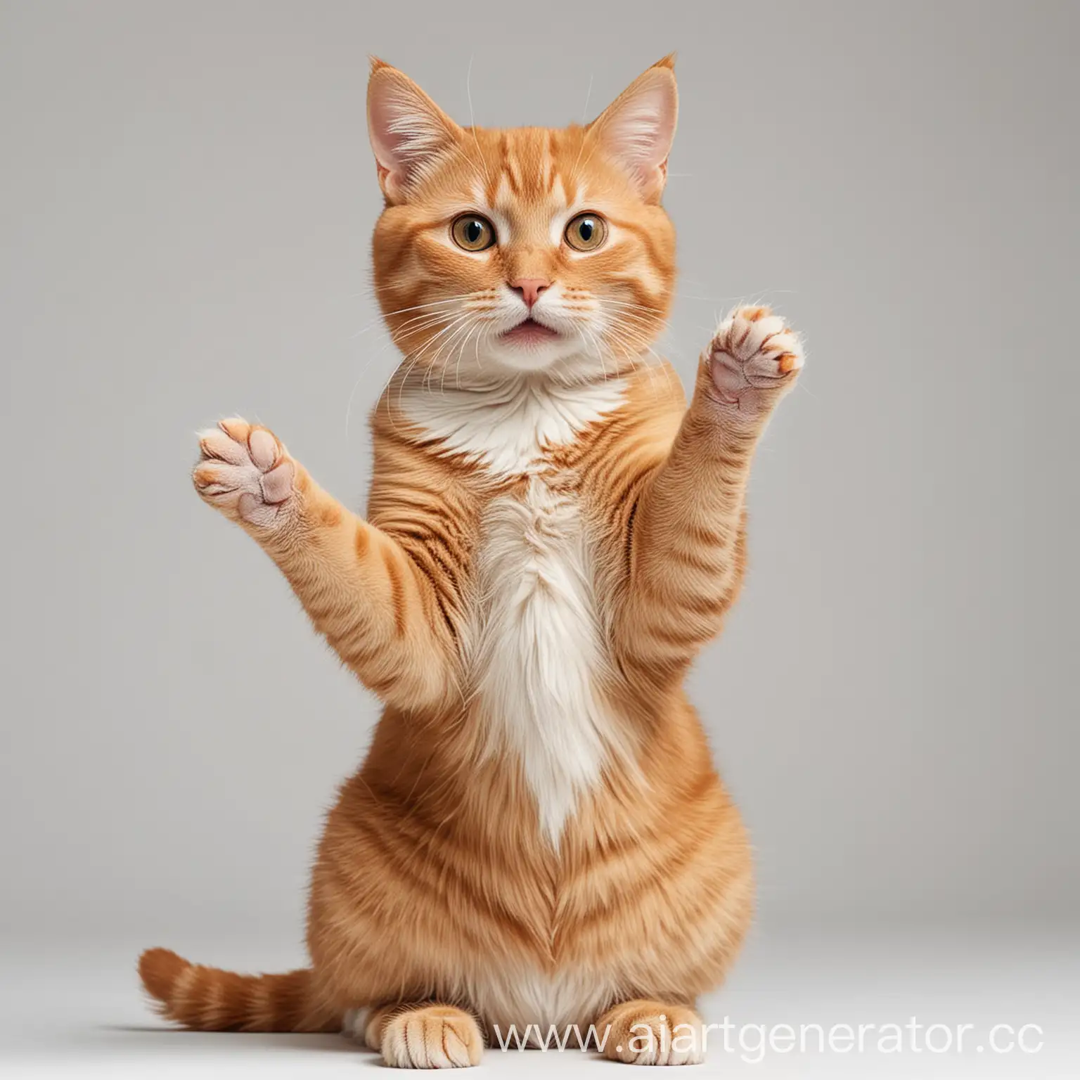 Ginger-Cat-Sitting-with-Raised-Paw-on-White-Background