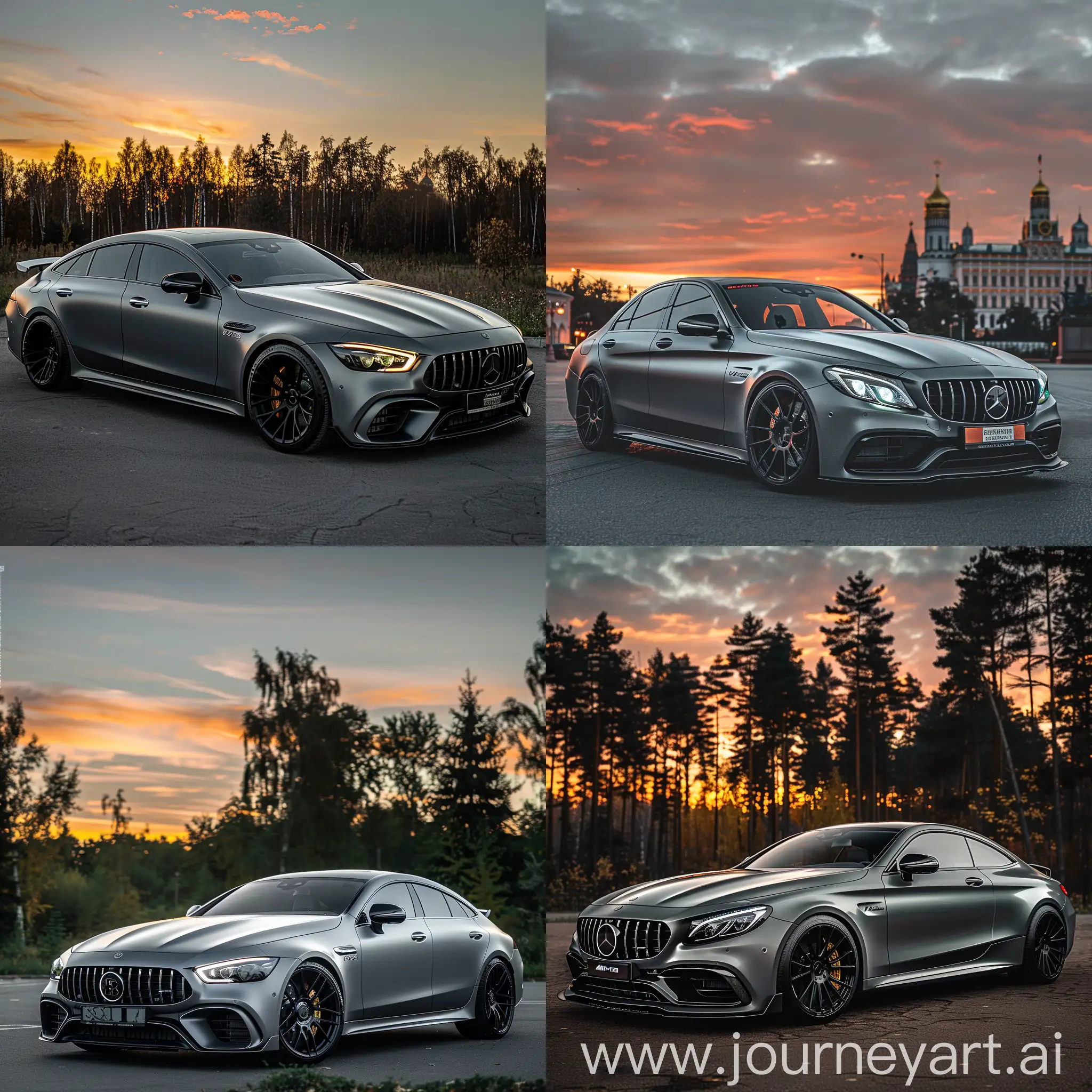 Realistic Mercedes gt63s Brabus 2020s in full grey mat in special color with black rims parked in Moscow sunset realistic 8k photo realistic snap style vibes