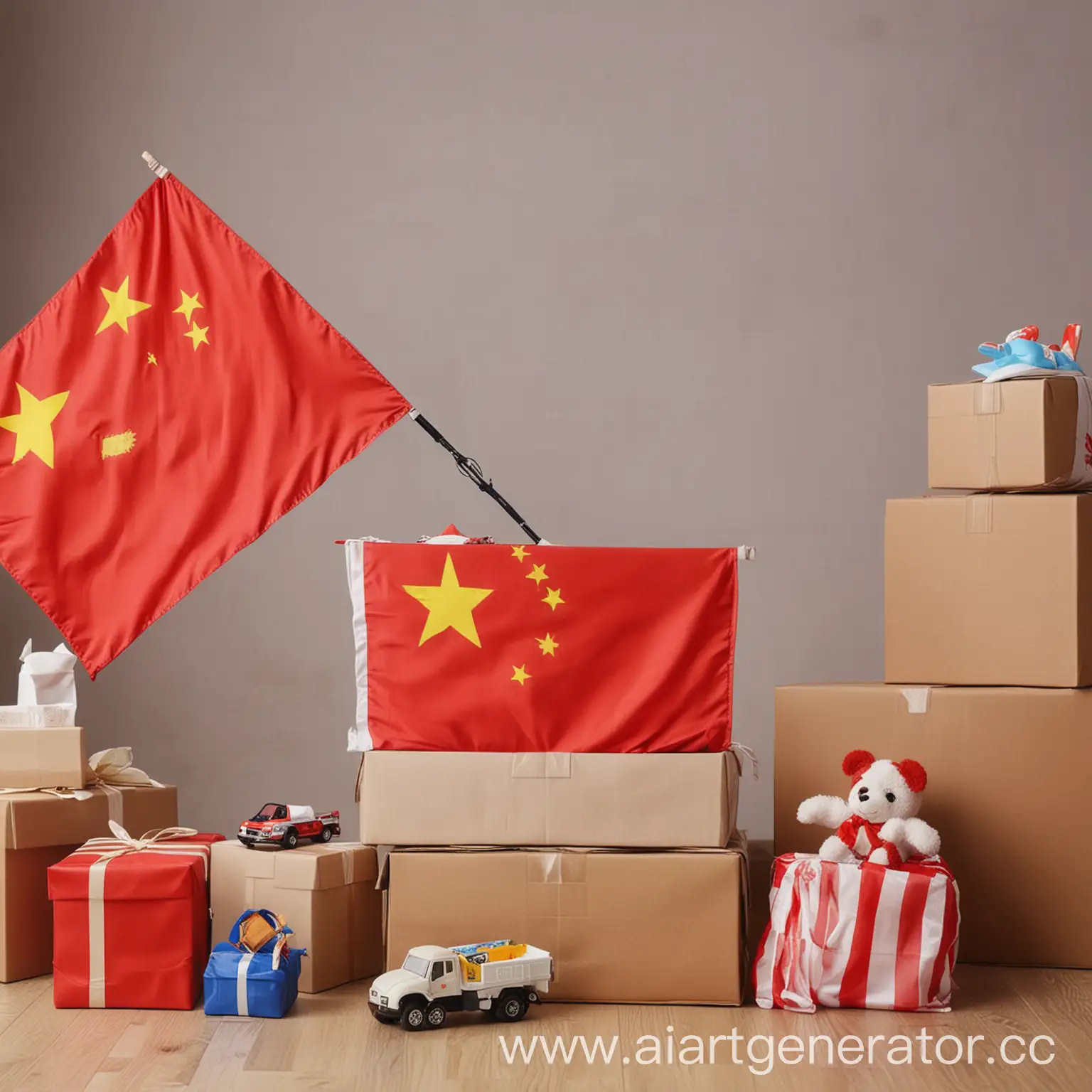 посылка из которой вылетают детские игрушки, одежда, продукты для дома. фон: китайский флаг