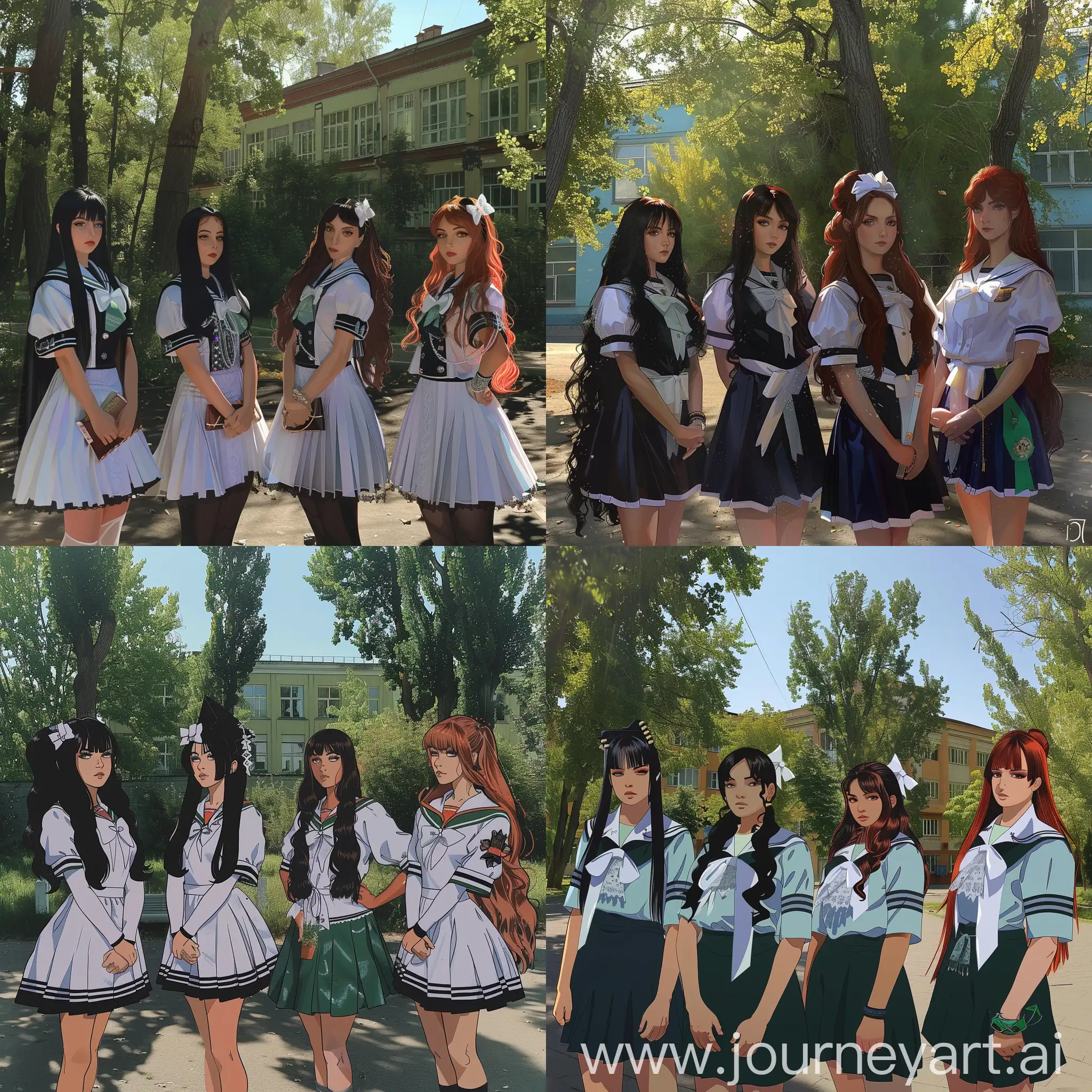 { "prompt": "Four girls standing in a JoJo's Bizarre Adventure style pose, outdoors with trees and a building in the background. Each girl is wearing a russian graduation school uniform. The first girl has long black hair, the second girl has dark hair in a bun with a white bow, the third girl has long red hair, and the fourth girl has long brown hair. The scene is bright and colorful, capturing the exaggerated and dramatic flair of JoJo's Bizarre Adventure.", "size": "1792x1024" }