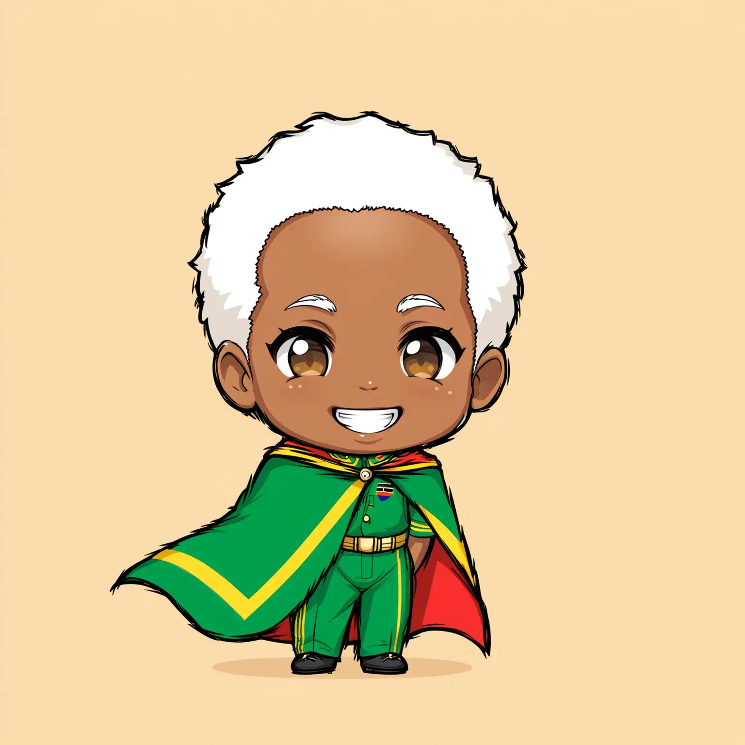 Create a professional illustratration Julius Nyerere in a chibis style, smiling, wearing a tanzania flag cape.
Cartoon style.