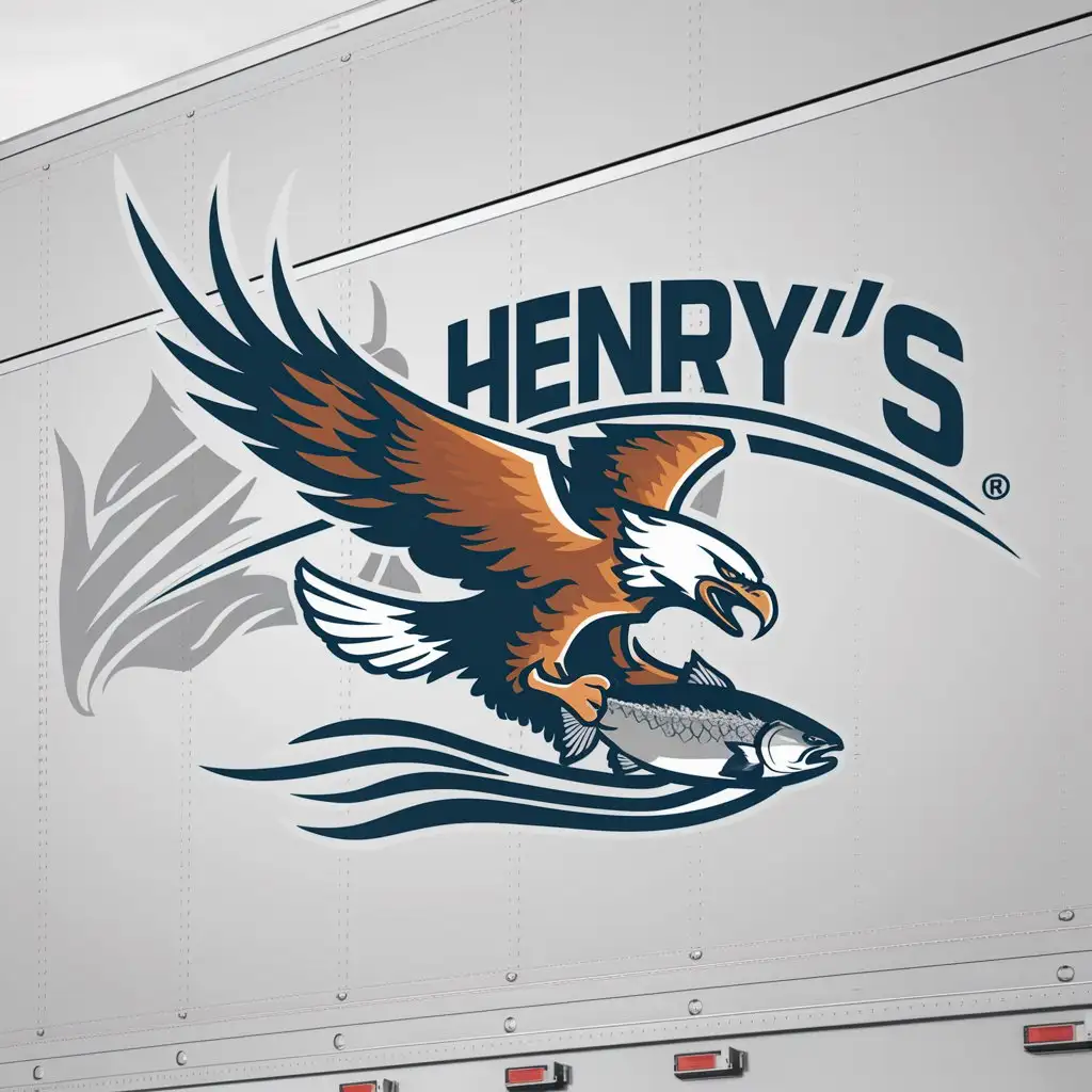 a logo design,with the text "HENRY'S", main symbol:A fast moving eagle with its broad wings and feathers spread grasps a salmon fish with each leg held with its big claws just above the water.,Moderate,be used in Trucking industry,clear background