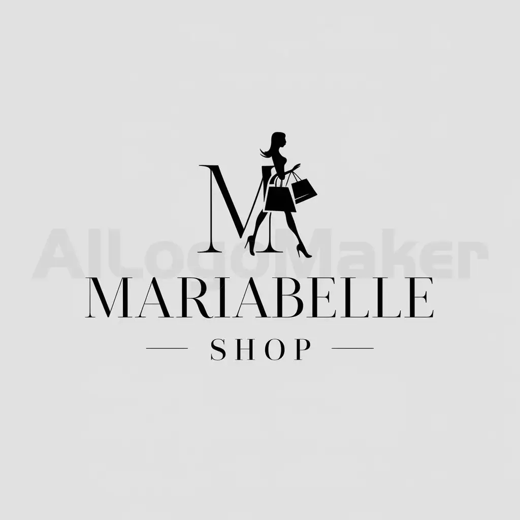 a logo design,with the text "Mariabelle Shop", main symbol:M, a silhouette of a lady with high heels and a shopping bag,Minimalistic,clear background