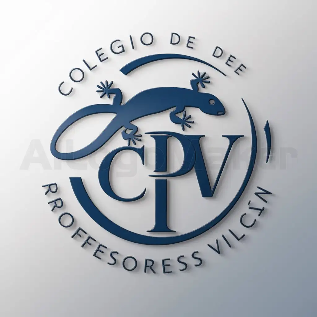 a logo design,with the text "Colegio de Profesores Vilcún", main symbol:Design a circular logo for the Colegio de Profesores de Vilcún. The logo should meet the following specifications: nShape and Color: The logo must be circular and use only different shades of blue.nCentral Image: Include a vector image of a stylized, modern lizard (lagartija), centered in the design.nInitials: Include interlaced initials 'CPV' that blend harmoniously with the design.nStyle: The style should be professional and elegant, reflecting the seriousness and commitment of the teachers' association.nThe result should be a clean logo, easily recognizable, and conveying professionalism.,Moderate,be used in Education industry,clear background
