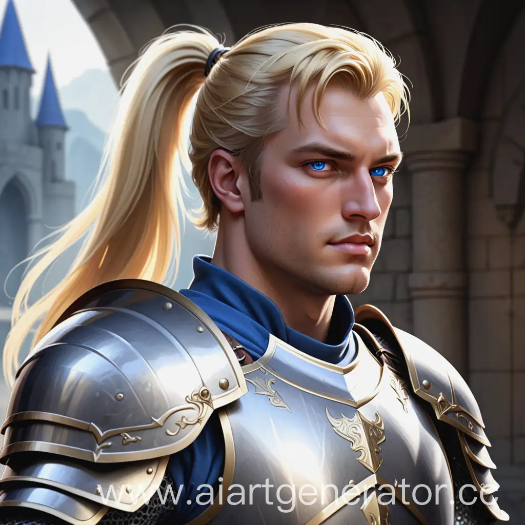 Паладин мужчина, в броне без шлема, блондин, волосы хвост, по бокам распущено, голубые глаза