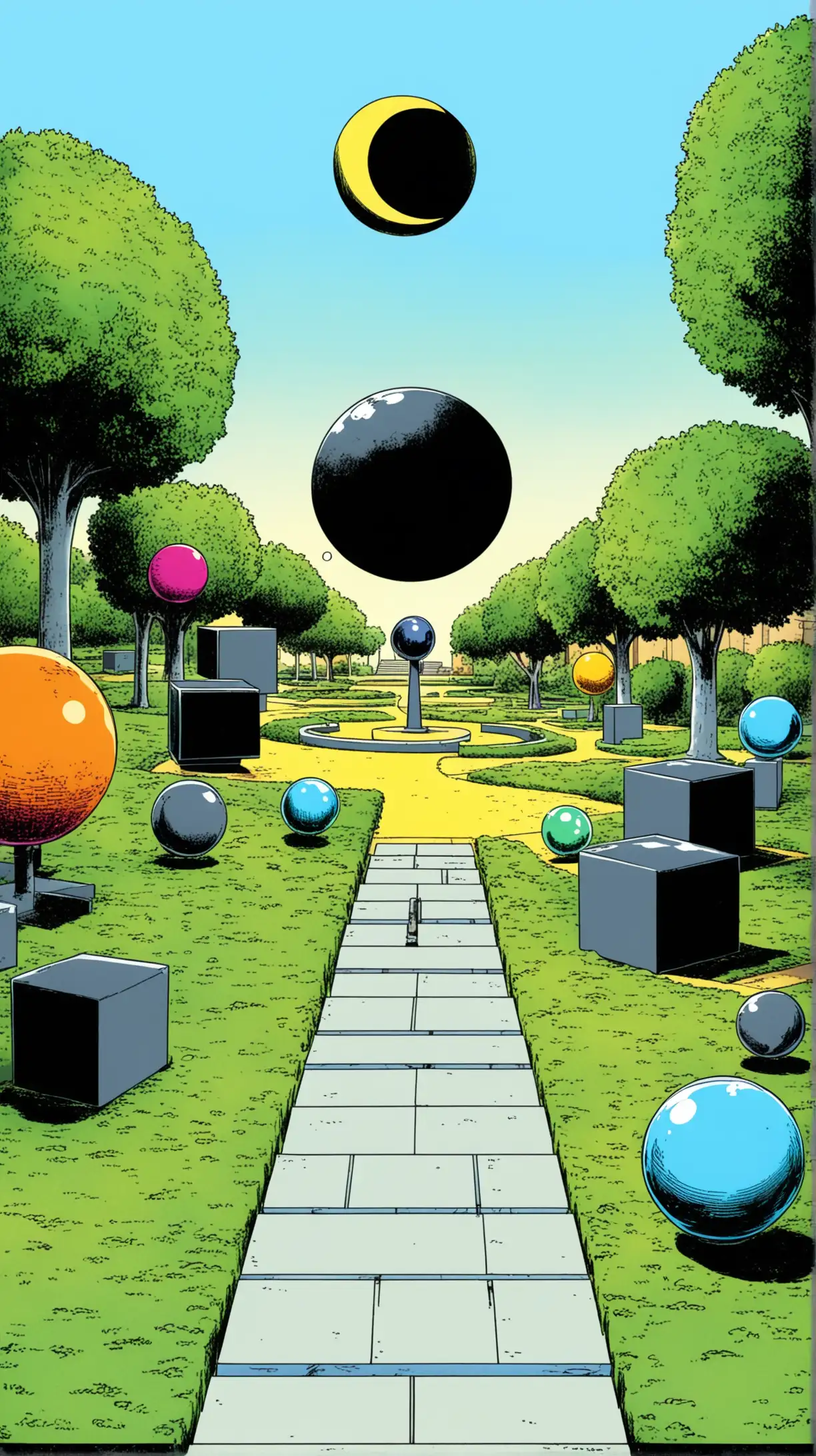 Cartoony color:  Classic comic book. Daytime... An outdoor sculpure garden with large black, metal forms a cube, a rectrangle, a sphere and a crescent moon all bigger than a man.  Leave enough room for a walking path...