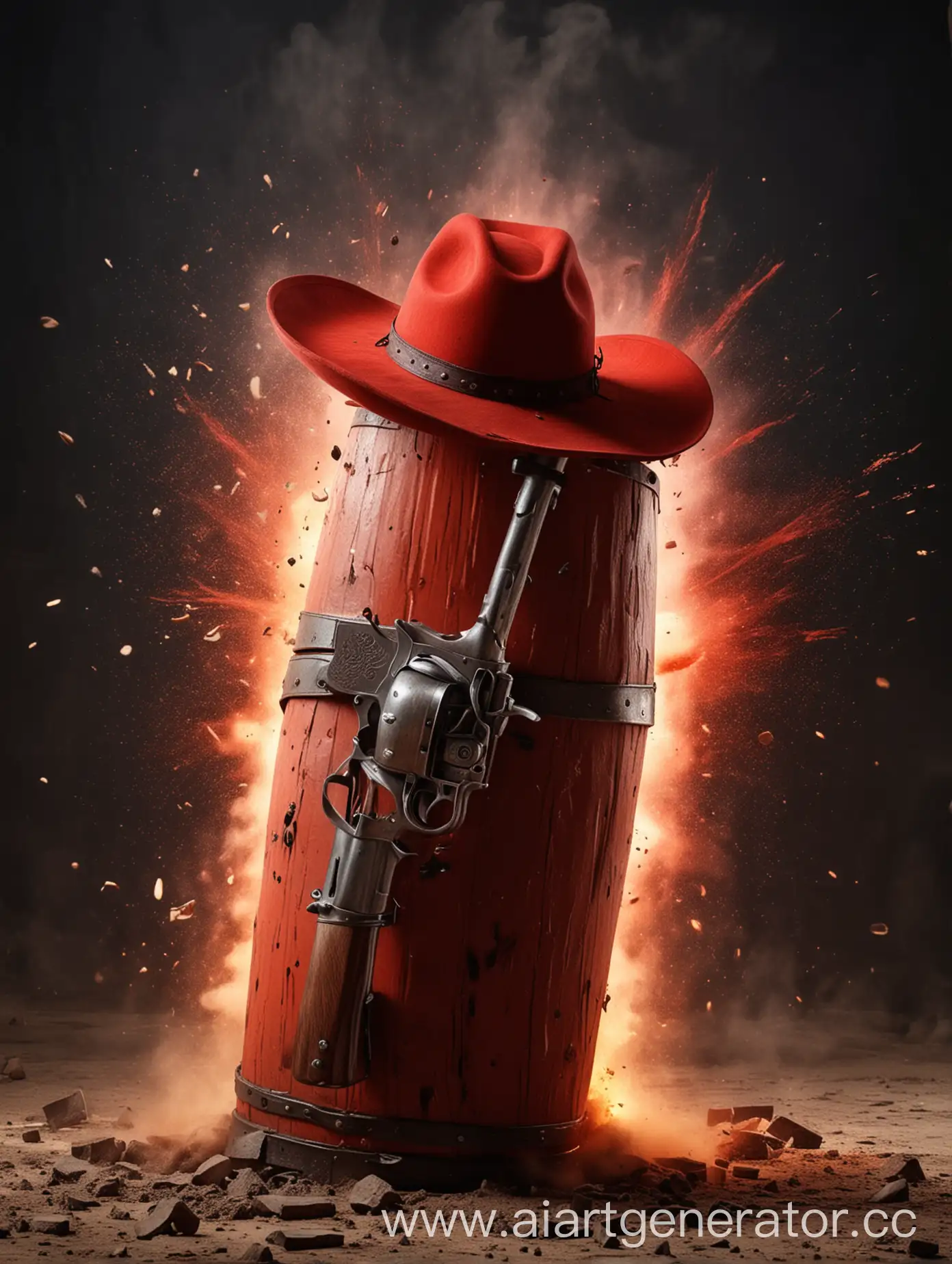 Ковбой красная бочка с огромным револьвером в шляпе, взрывается от попадания по нему 
