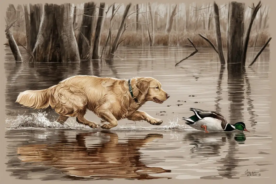 in late fall in flooded timber, a skillfully rendered sketch illustration of a Golden Retriever , chasing a wounded duck in the water