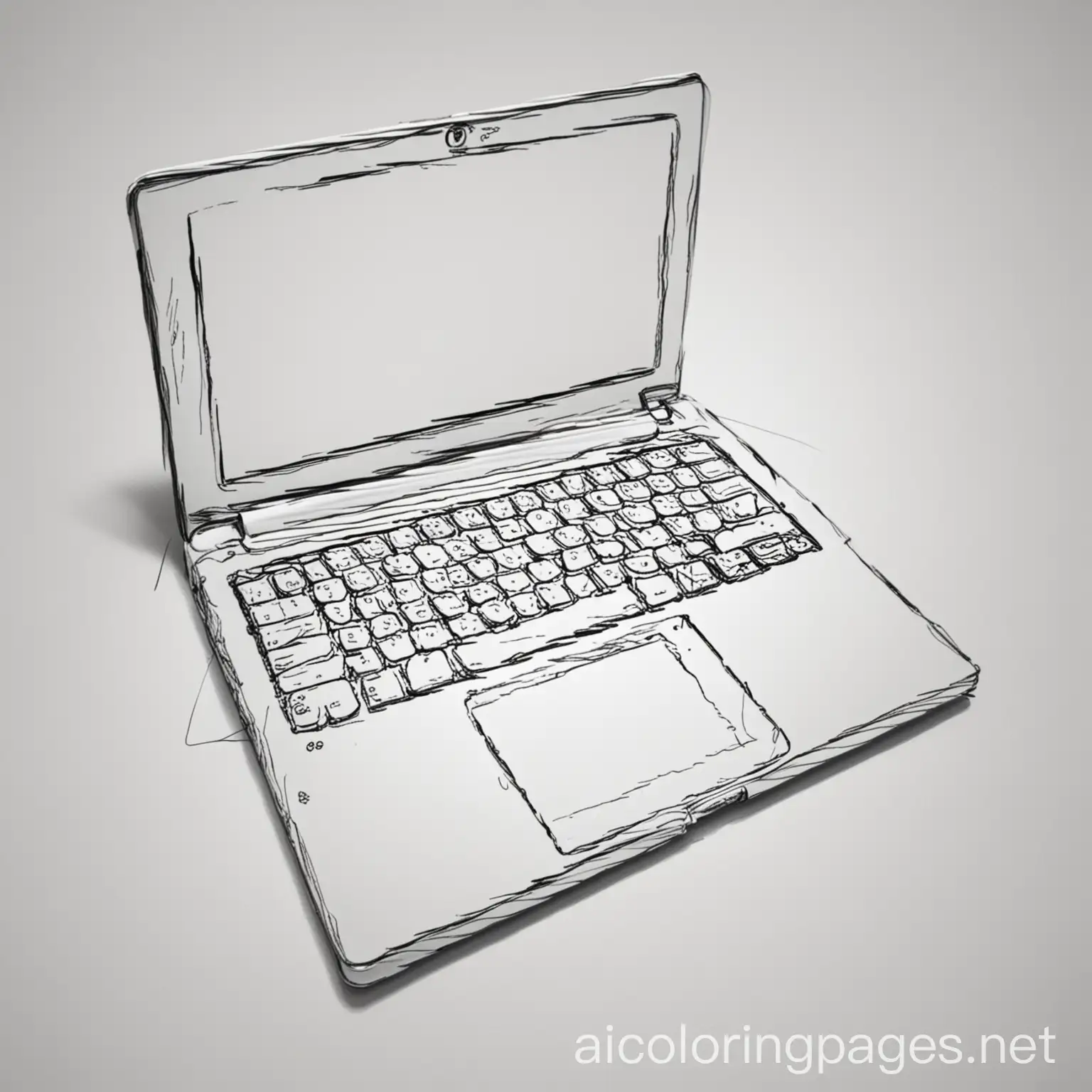 laptop, Coloring Page, black and white, line art, white background, Simplicity, Ample White Space. The background of the coloring page is plain white to make it easy for young children to color within the lines. The outlines of all the subjects are easy to distinguish, making it simple for kids to color without too much difficulty