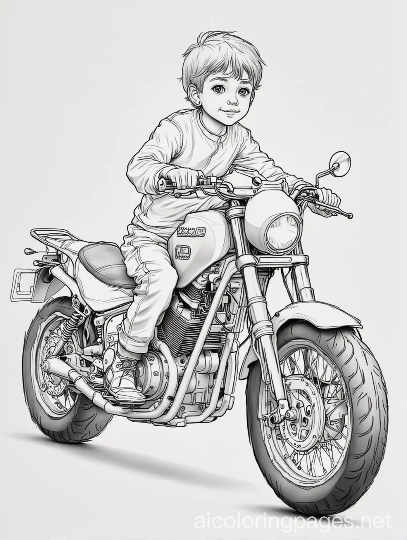Young man on a motorcycle, coloring page, black and white, line art, white background, simplicity, wide white space. The background of the coloring page is plain white to make it easier for young children to color within the lines. The outlines of all the themes are easy to distinguish, making it easy for children to color them without much difficulty, Coloring Page, black and white, line art, white background, Simplicity, Ample White Space. The background of the coloring page is plain white to make it easy for young children to color within the lines. The outlines of all the subjects are easy to distinguish, making it simple for kids to color without too much difficulty