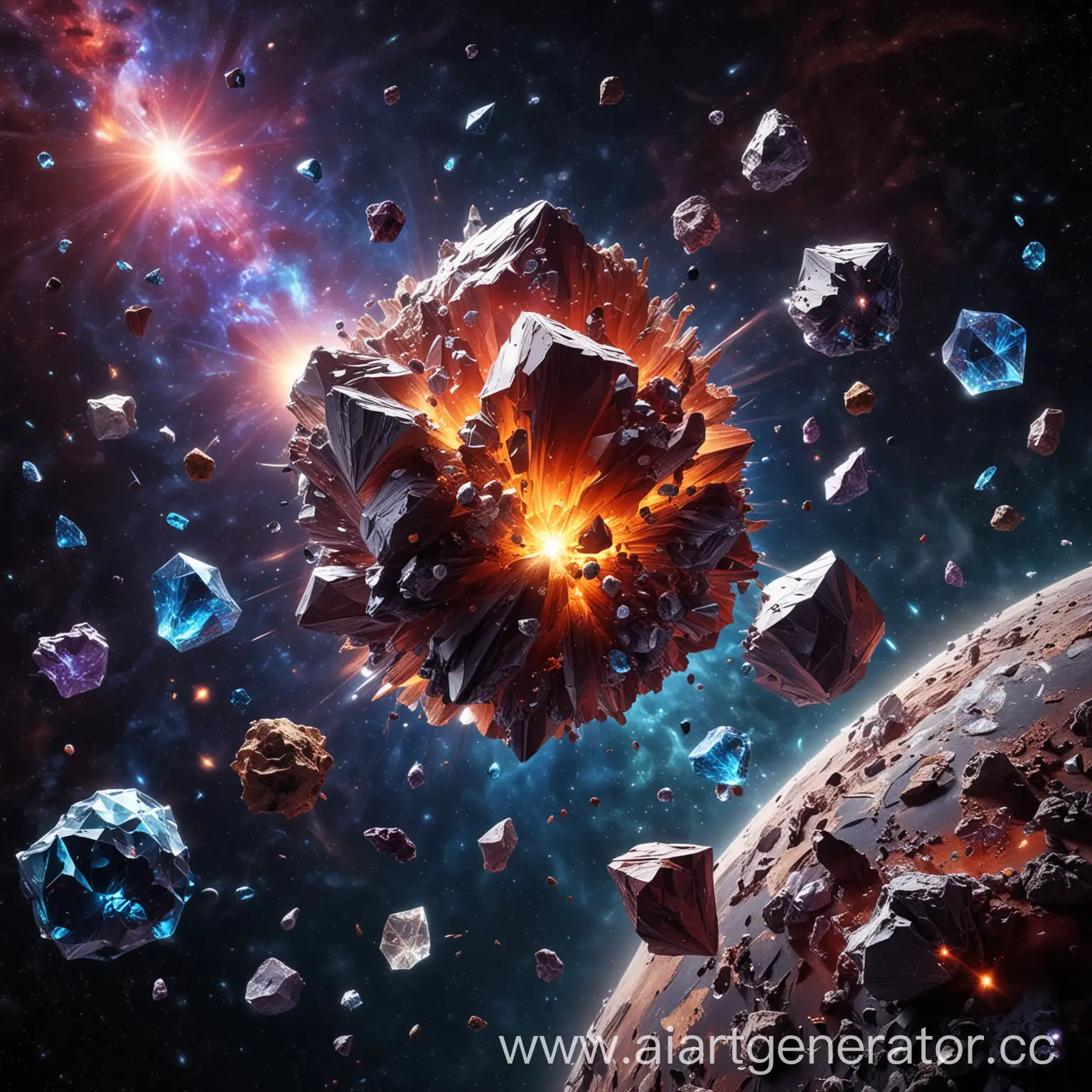 crystals in space, space background, 3d objects of planets