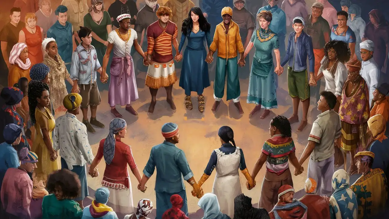 An image of a diverse group of people from different backgrounds and cultures standing together, holding hands in solidarity, symbolizing unity and inclusivity in the face of discrimination and prejudice.