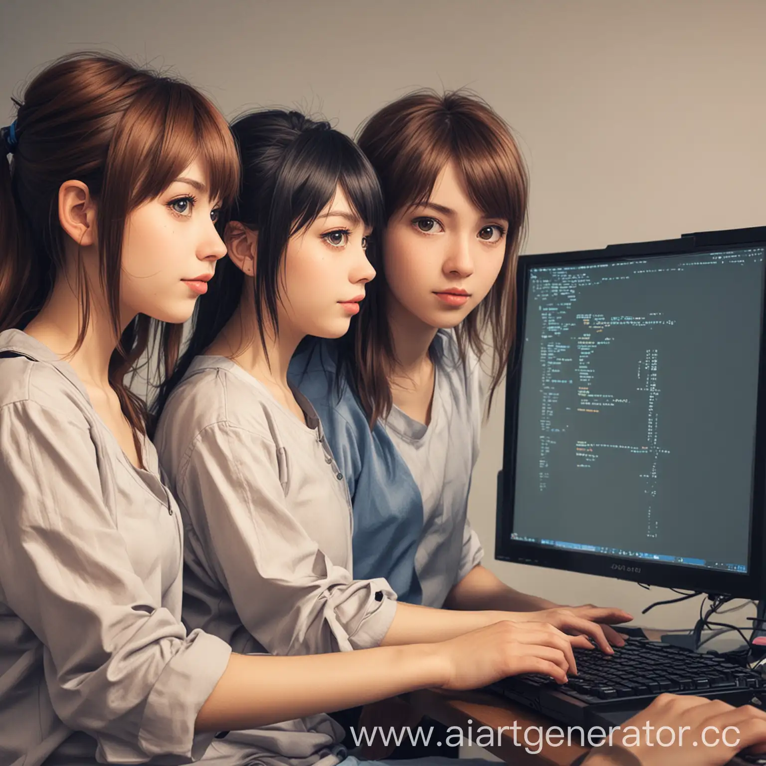 нарисуй со спины в виде аниме трех подружек программисток которые кодят на java и было видно их пк с кодом java