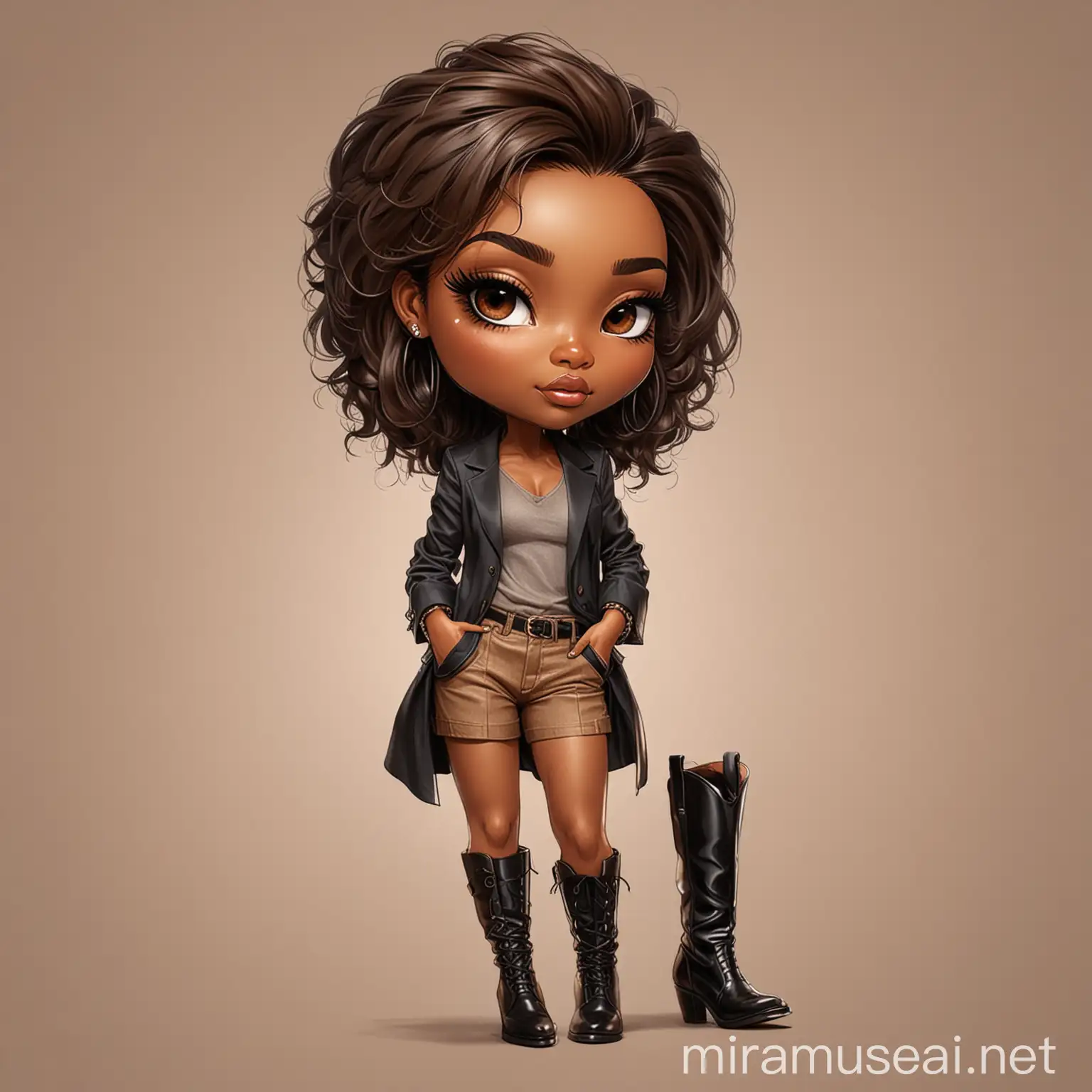 Elegant Black Boss Woman Chibi Art Silky Hair Luxurious Suit and CalfLength Boots